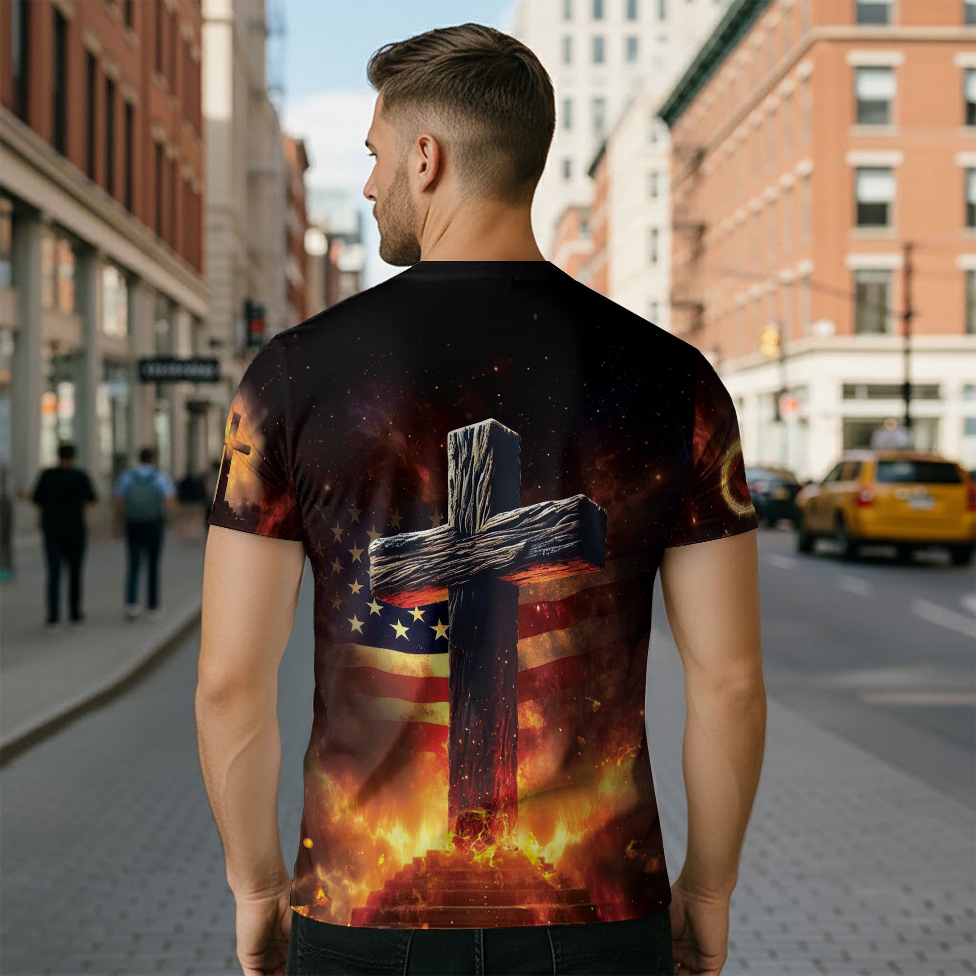 Christian Tee Shirts for Men - One Nation Under God Fire Cross Lion, RustField Co Freedom Shirts - Rust Field Wear