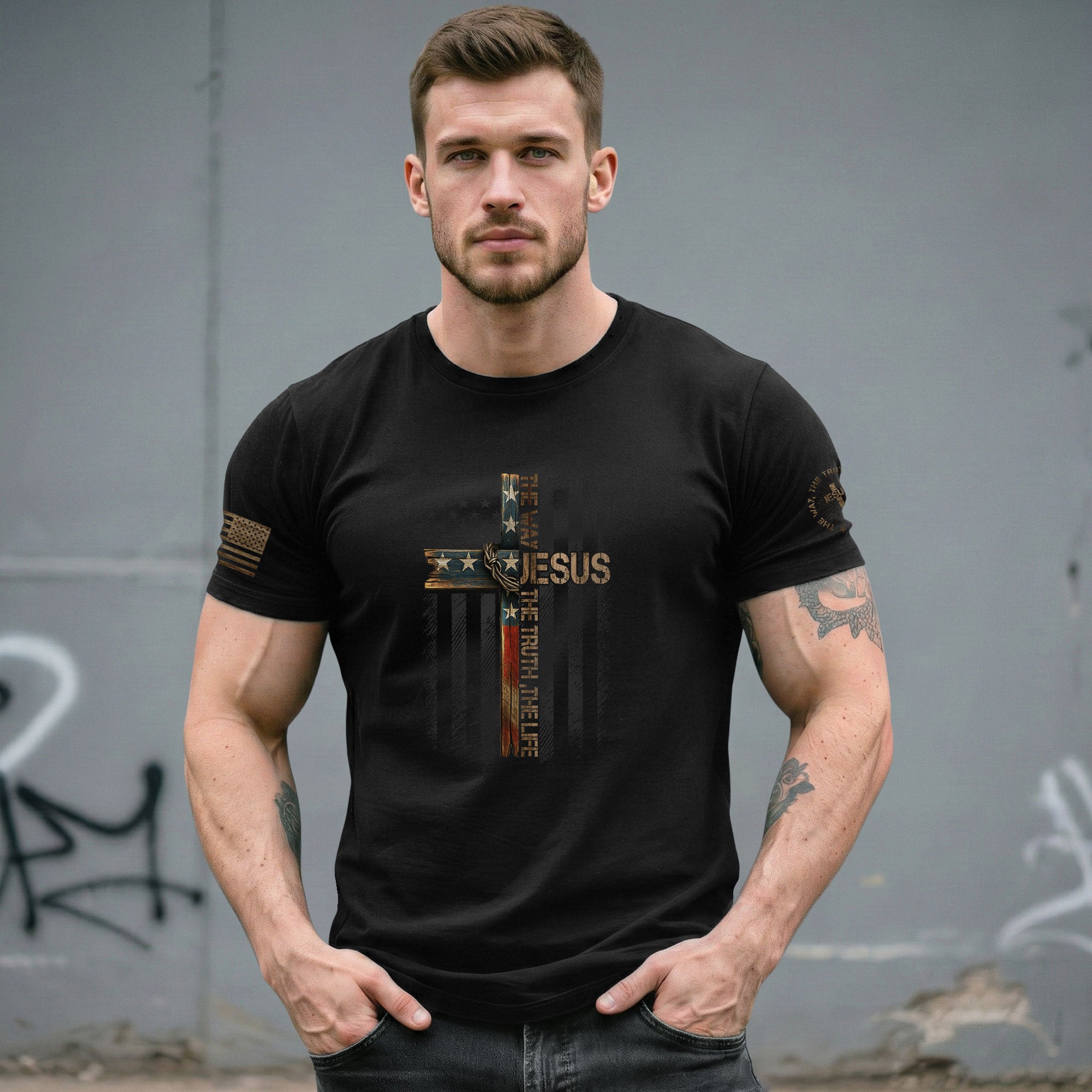 Jesus The Way The Truth The Life American Flag Cross, Christian Shirts for Men - Christian Tee Shirts - Rust Field Wear