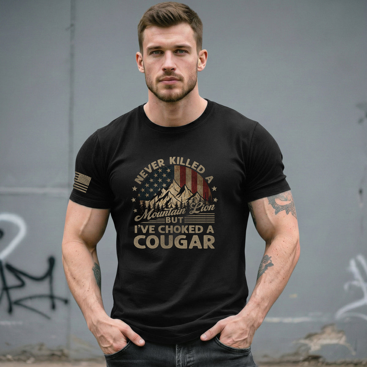 Never Killed A Mountain Lion But Ive Choked A Cougar US Flag Graphic T-Shirt