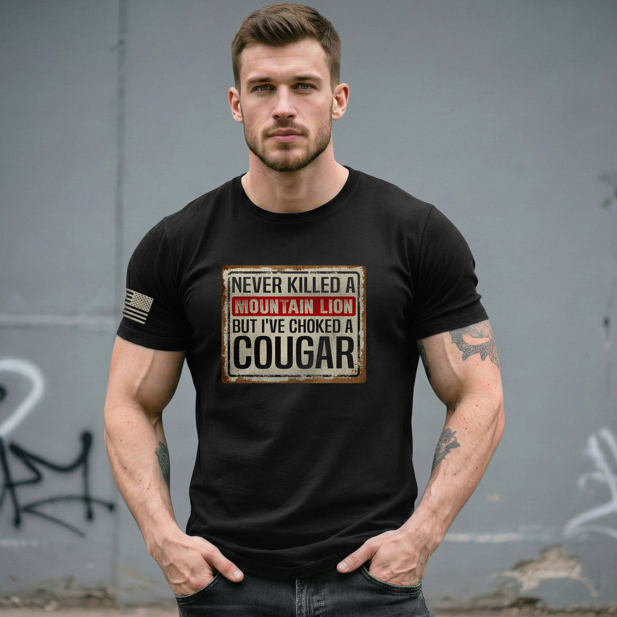 Never Killed A Mountain Lion But Ive Choked A Cougar Retro Plate Graphic T-Shirt