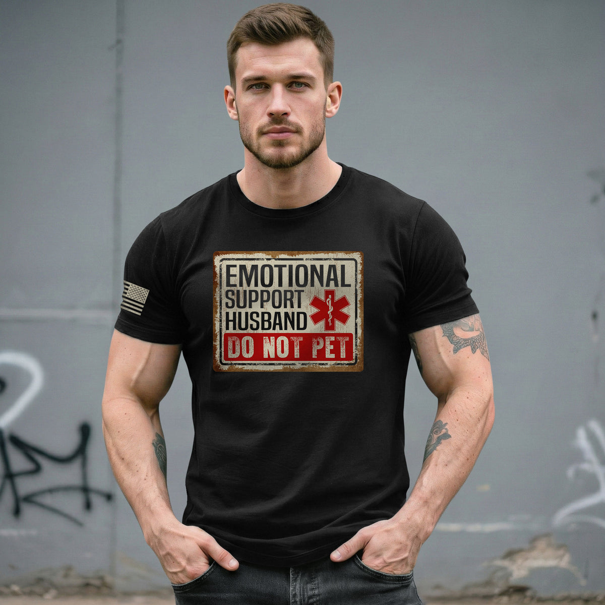 Emotional Support Husband Do Not Pet Sign Board Graphic Tee Shirt Casual Cotton Top