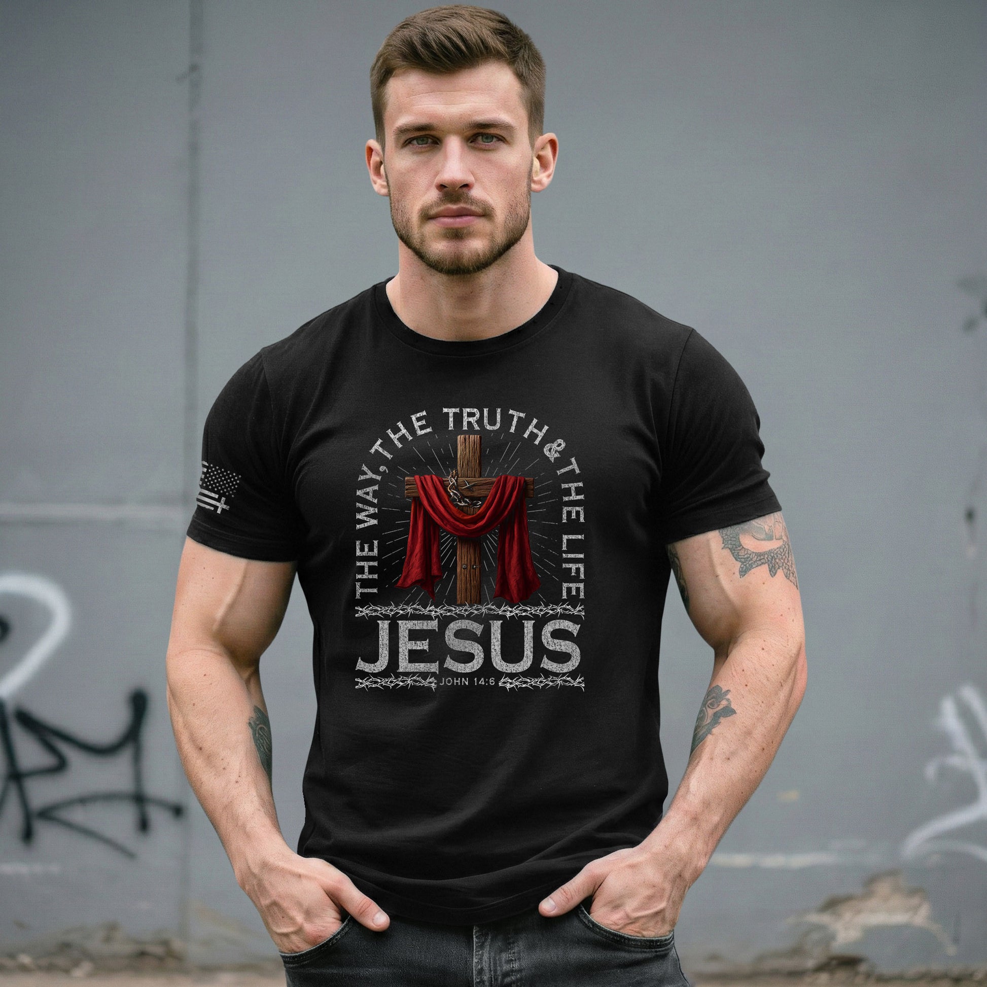 The Way The Truth The Life John 14:6 Jesus Cross Red Cloth, Christian Tee Shirts - Faith Shirts for Men - Rust Field Wear