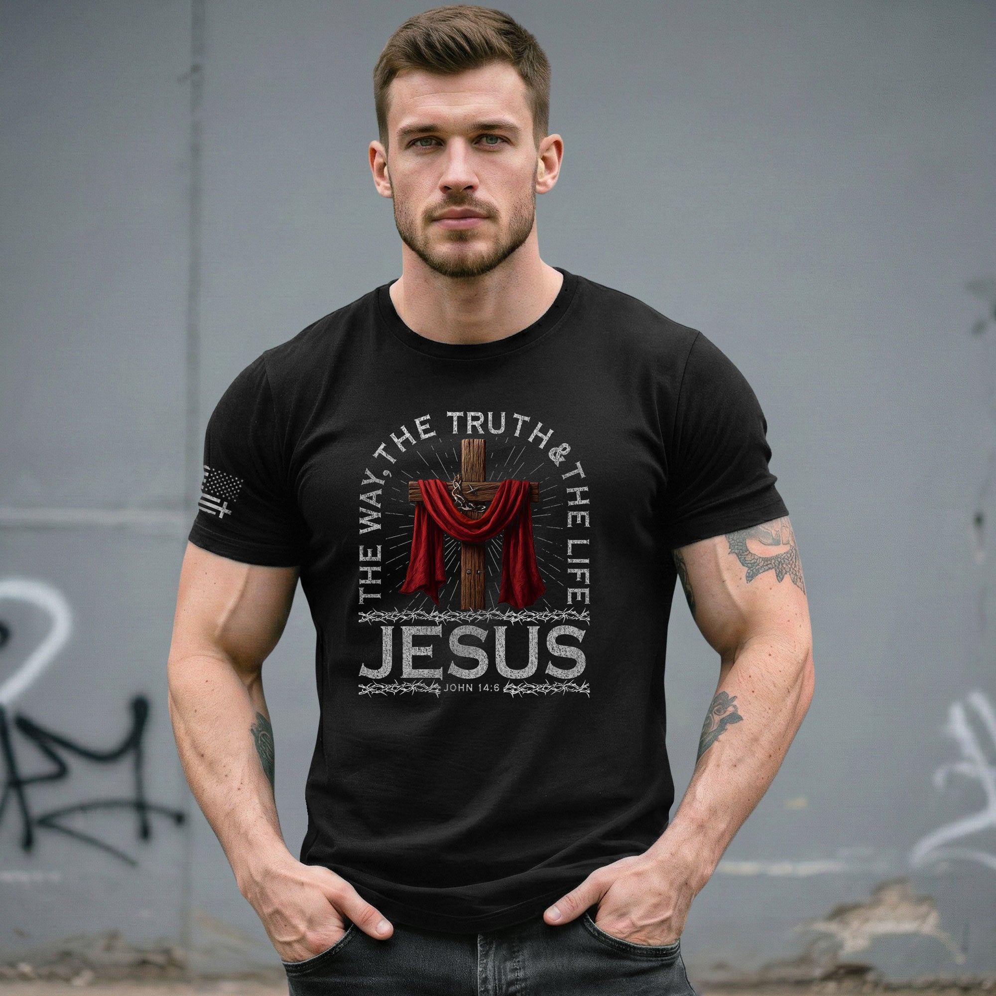 The Way The Truth The Life John 14:6 Jesus Cross Red Cloth, Christian Tee Shirts - Faith Shirts for Men - Rust Field Wear