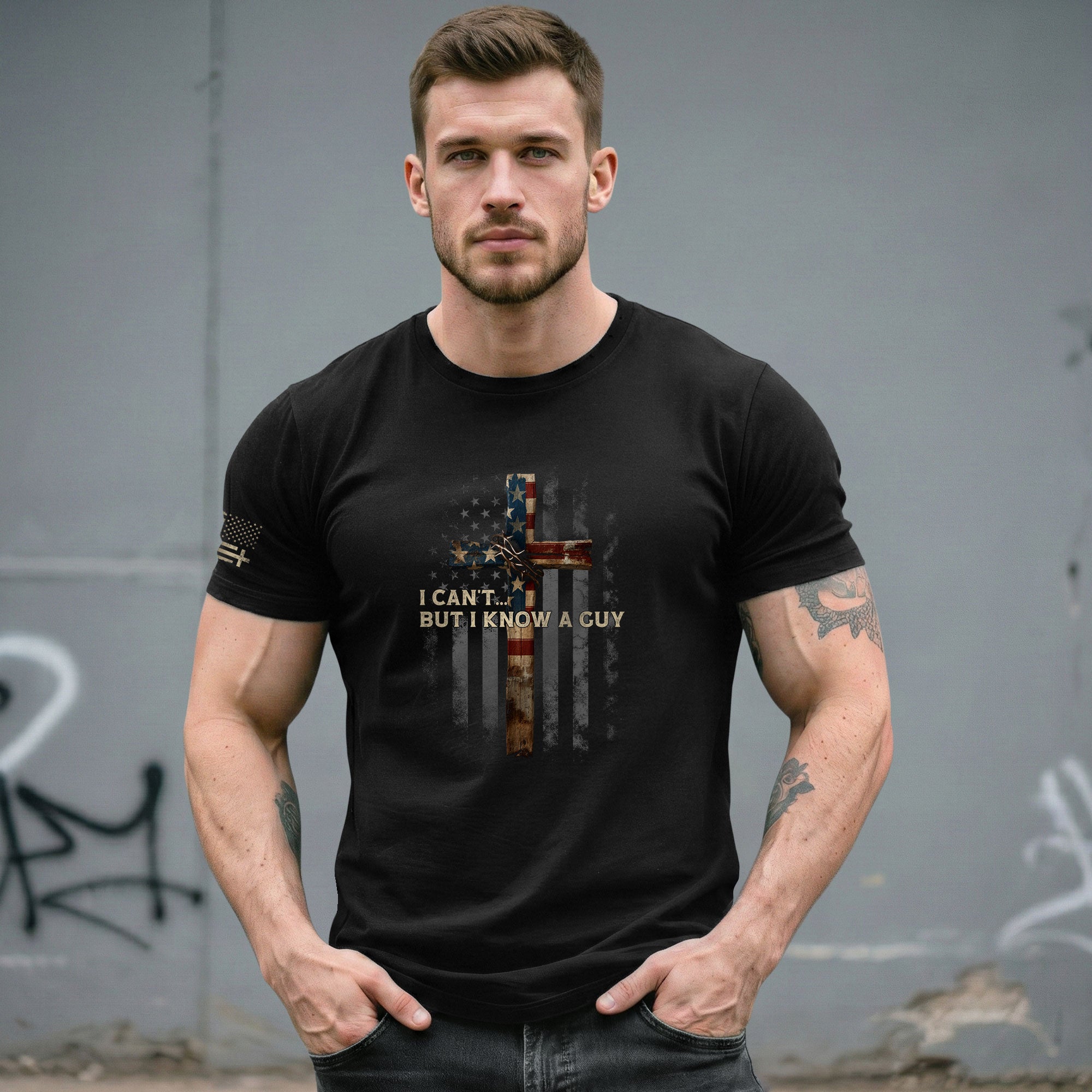 I Can’t But I Know A Guy American Flag Cross - Christian Shirts for Men, Faith Based Christian Tee Shirts - Rust Field Wear