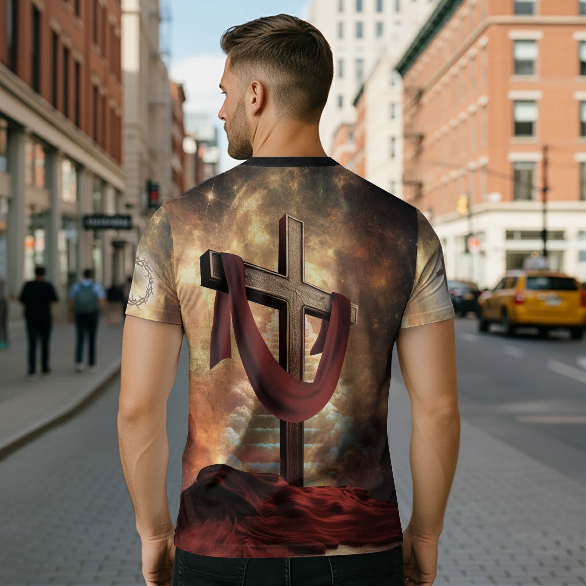 Christian Tee Shirts for Men, RustField Co - Faith Over Fear Lion and Cross Drape, Freedom Shirts - Rust Field Wear