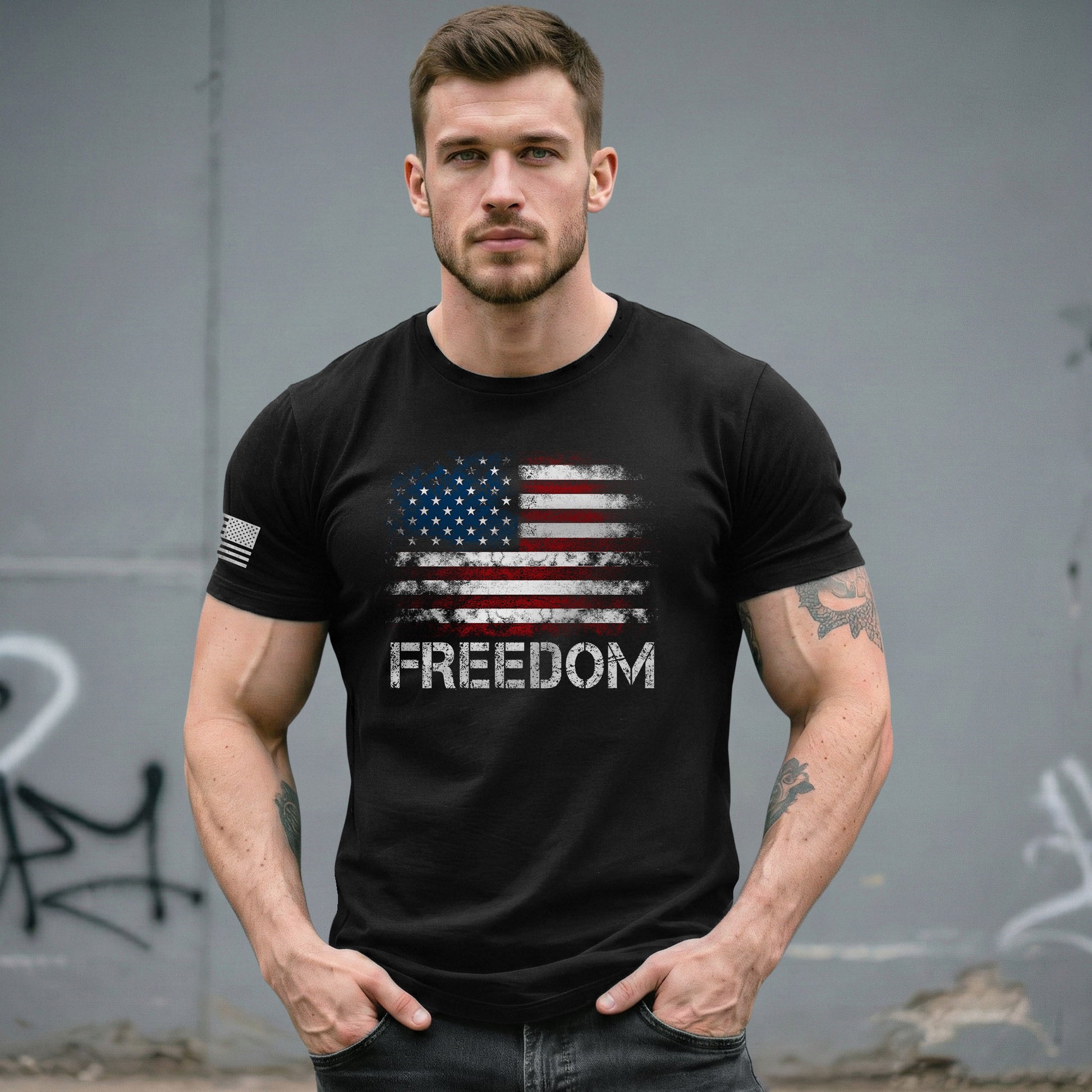 Freedom Shirts for Men, Freedom Distressed American Flag Bold Patriotic - Patriotic T Shirts - Rust Field Wear
