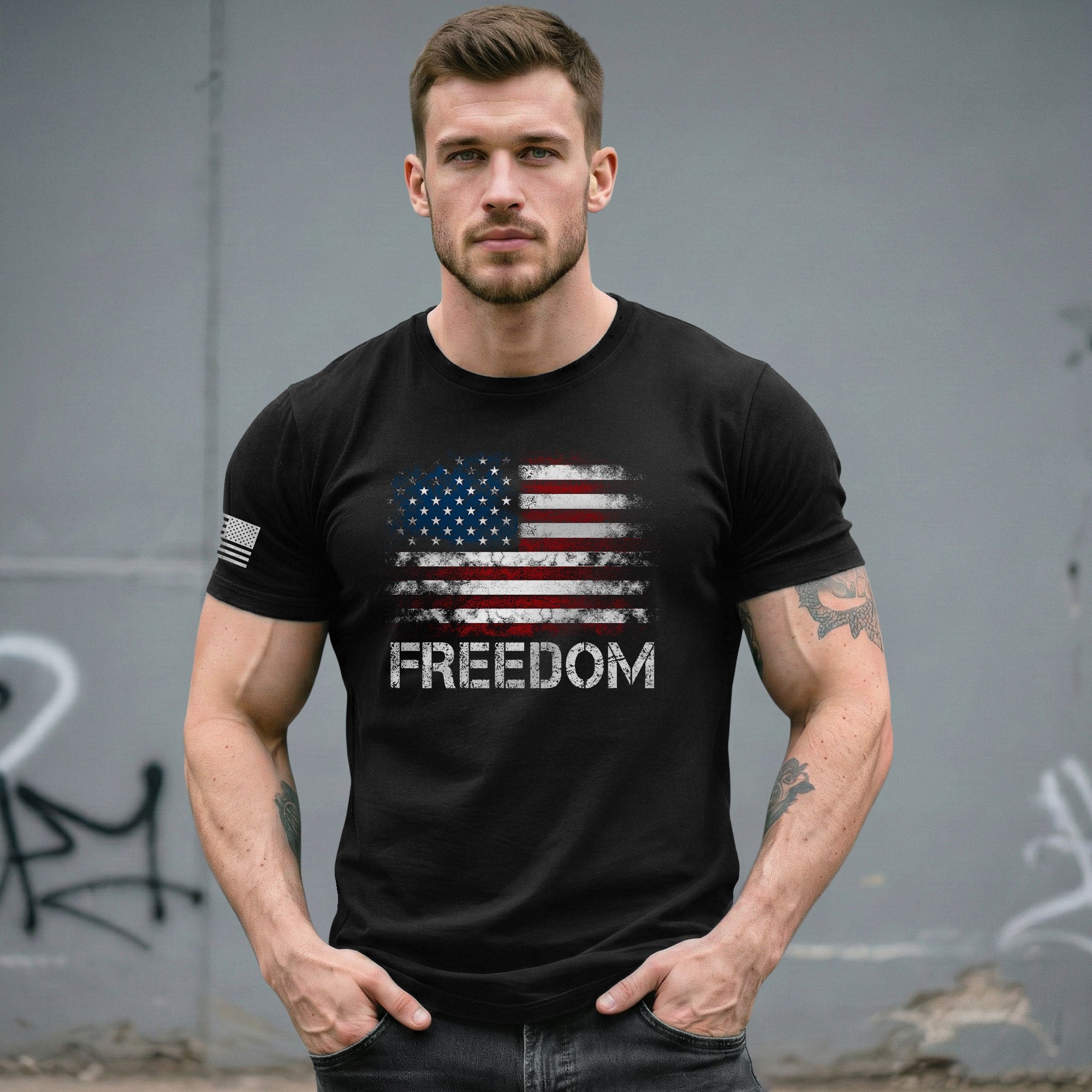 Freedom Shirts for Men, Freedom Distressed American Flag Bold Patriotic - Patriotic T Shirts - Rust Field Wear