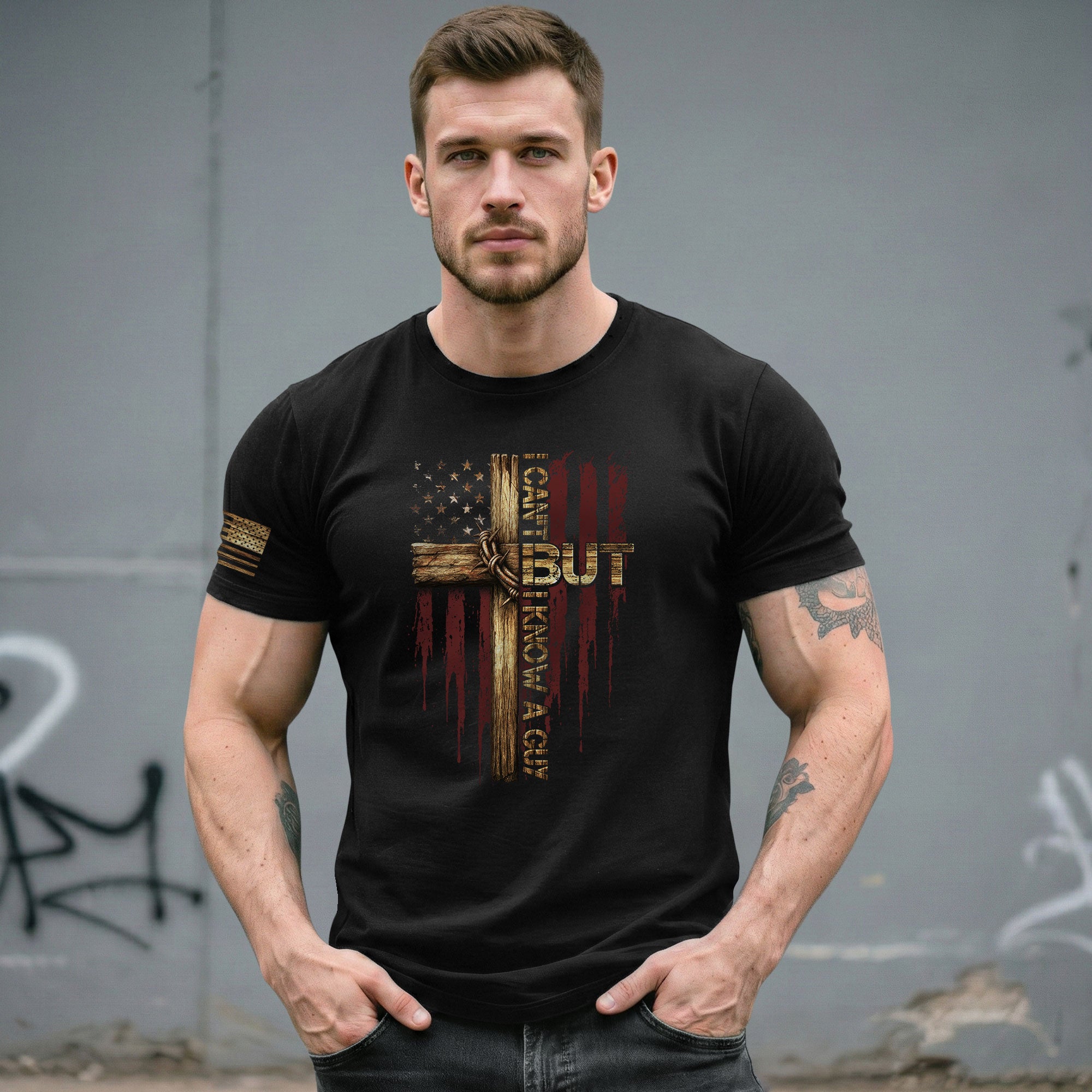 Christian Tee Shirts, I Can’t But I Know a Guy Cross and American Flag Christian - Christian Shirts for Men - Rust Field Wear
