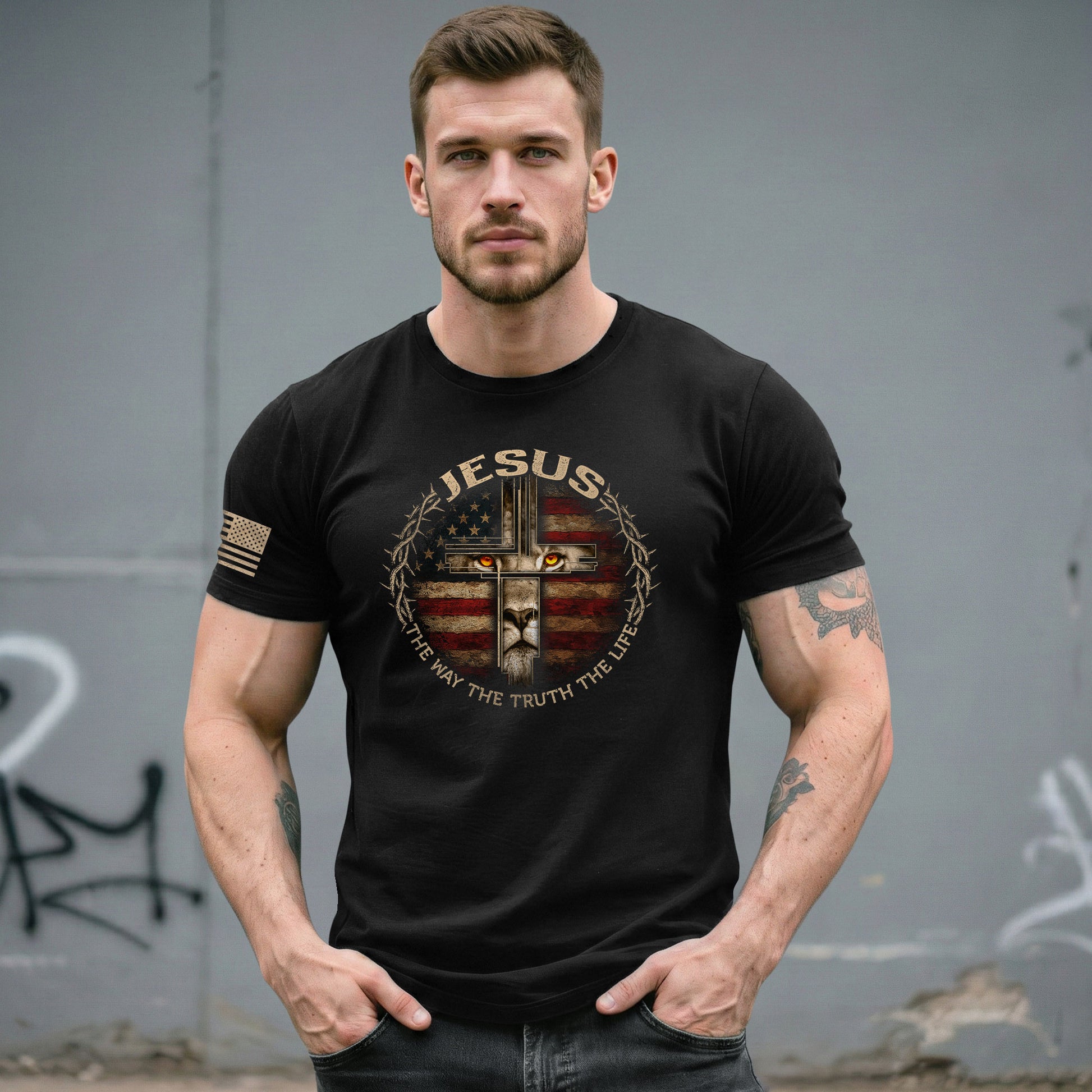 Jesus Lion Cross The Way The Truth The Life, Christian Tee Shirts - Faith Shirts for Men - Rust Field Wear