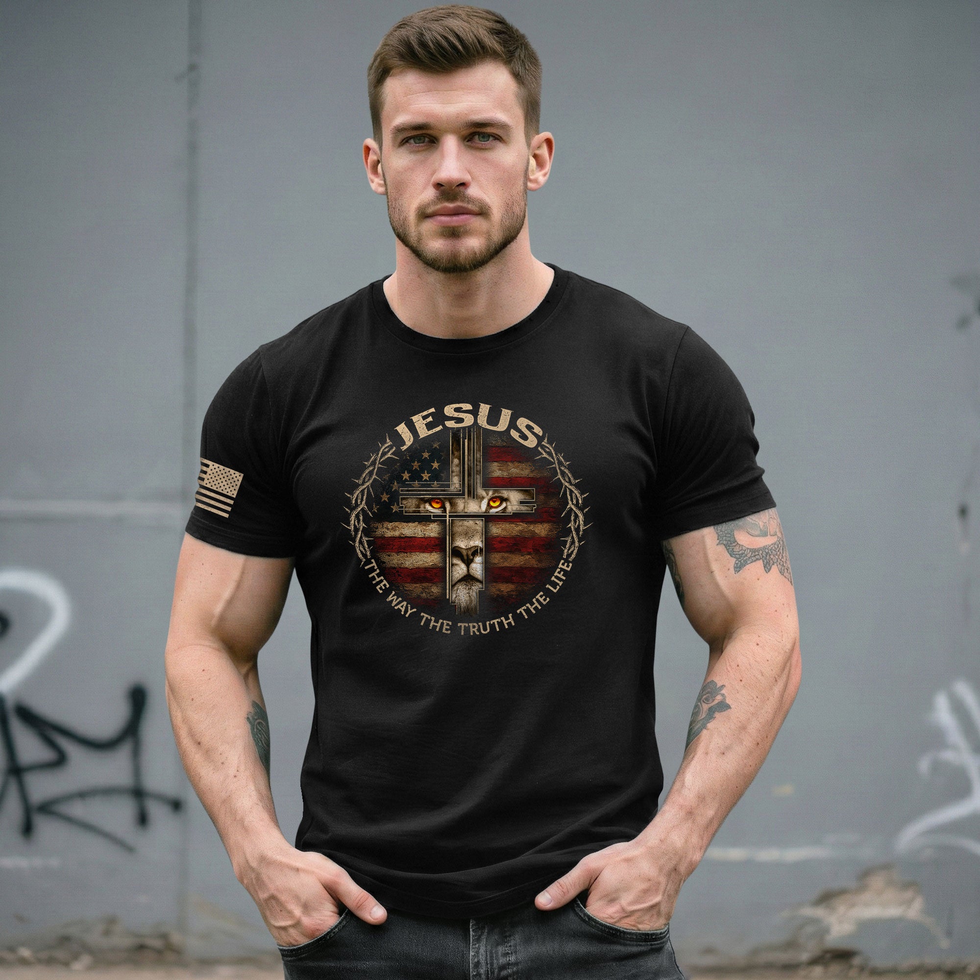 Jesus Lion Cross The Way The Truth The Life, Christian Tee Shirts - Faith Shirts for Men - Rust Field Wear