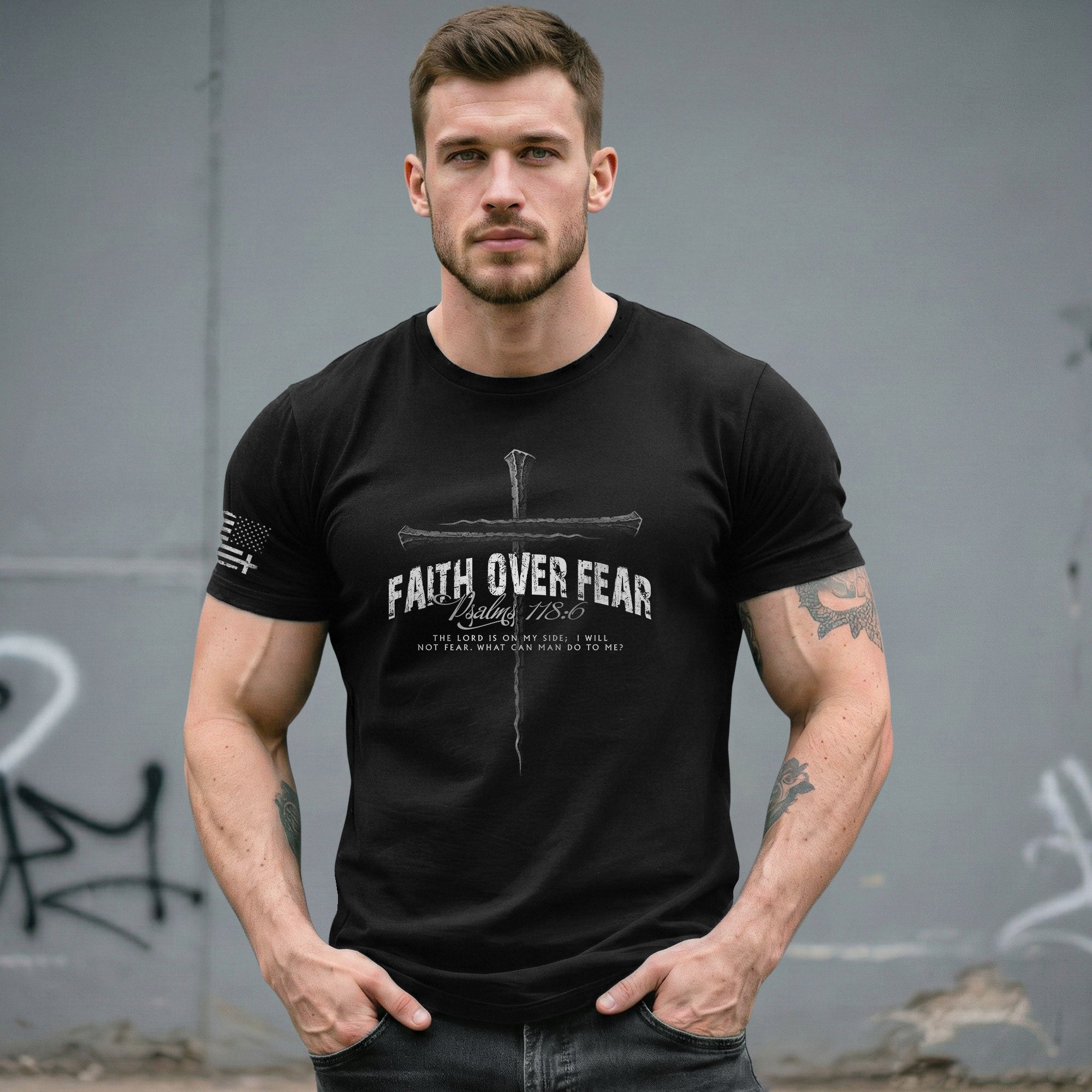 Faith Based Christian Tee Shirts, Faith Over Fear Psalm 118:6 Cross - Christian Shirts for Men - Rust Field Wear