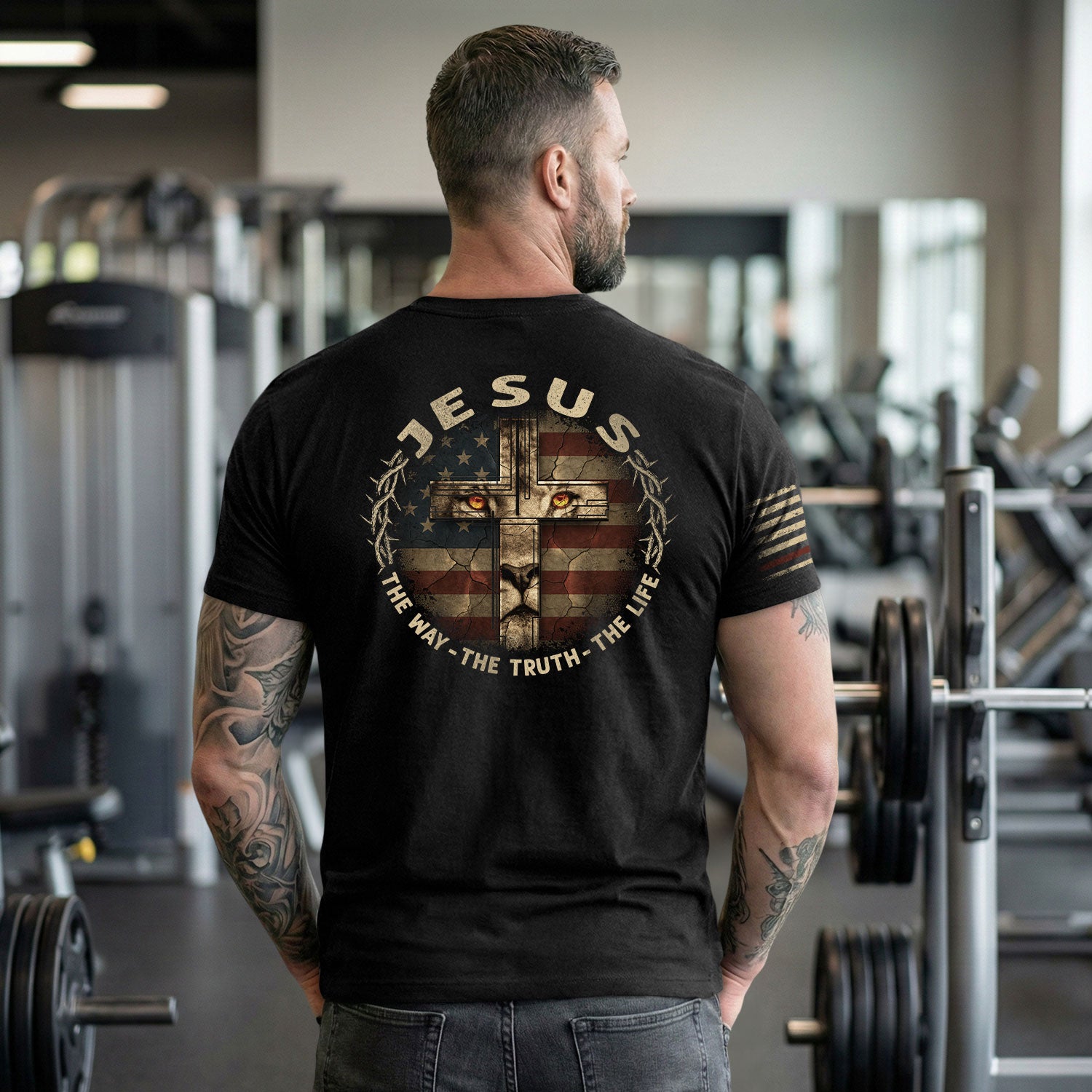 Jesus and American Flag Lion Cross The Way The Truth The Life, Christian Tee Shirts - Faith Shirts for Men - Rust Field Wear