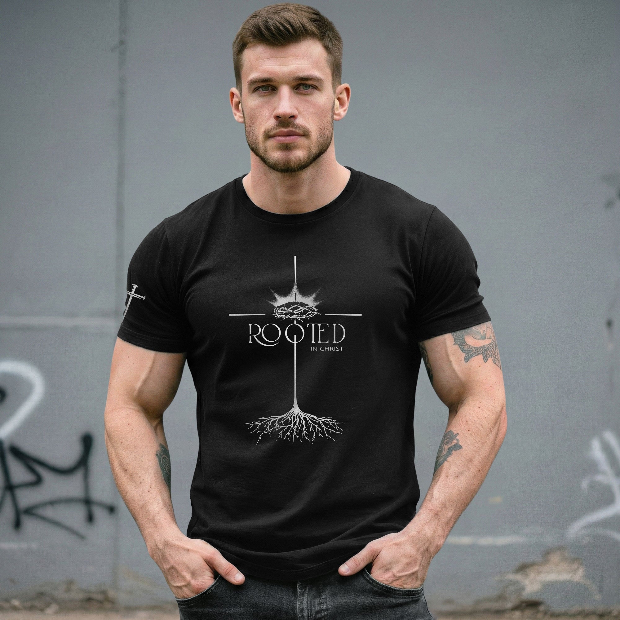Faith Based Christian Tee Shirts, Rooted In Christ Christian With Crown Of Thorns And Cross Roots - Christian Shirts for Men - Rust Field Wear