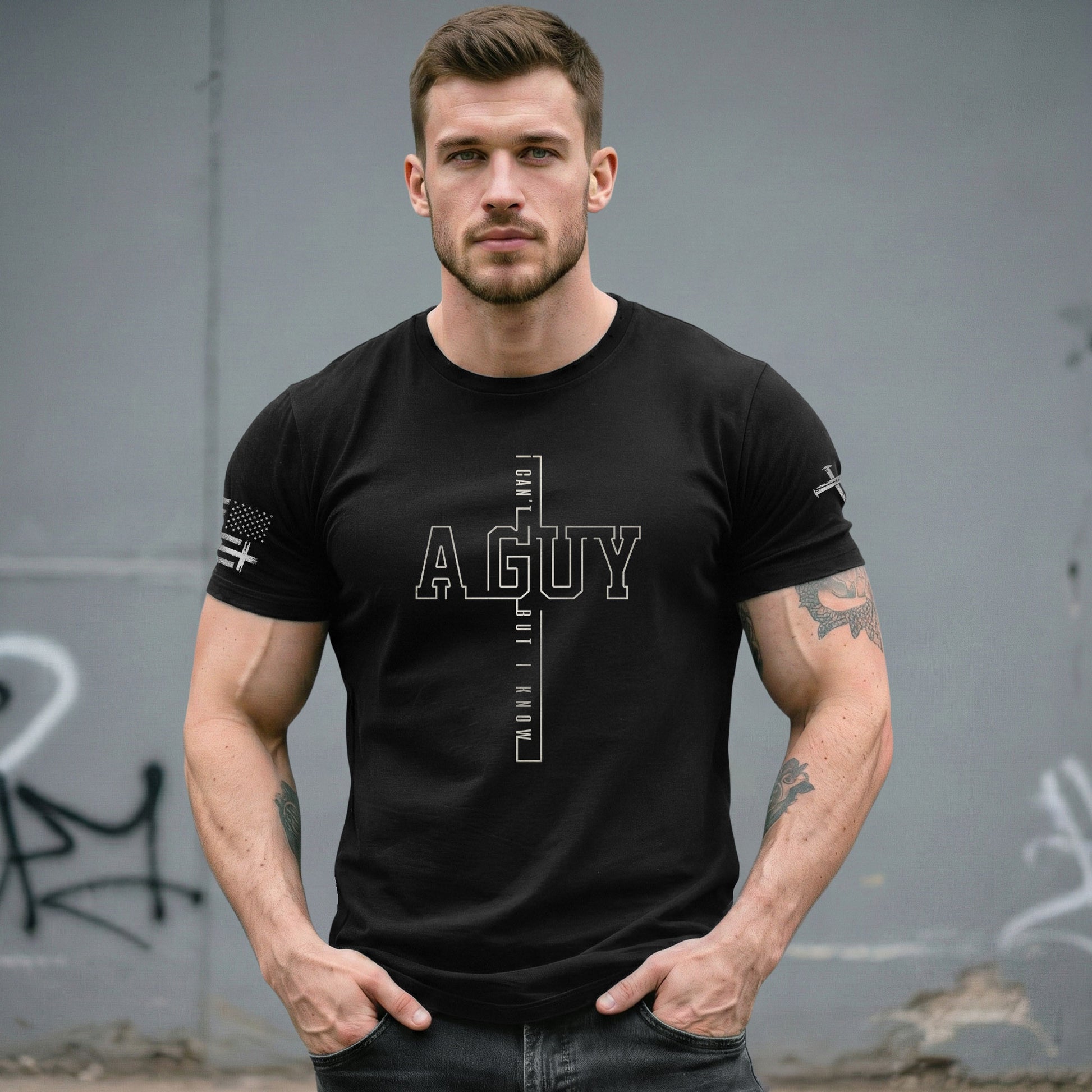 Christian Shirts for Men, I Can’t But I Know A Guy Cross Bold Outline Christian - Christian Tee Shirts - Rust Field Wear