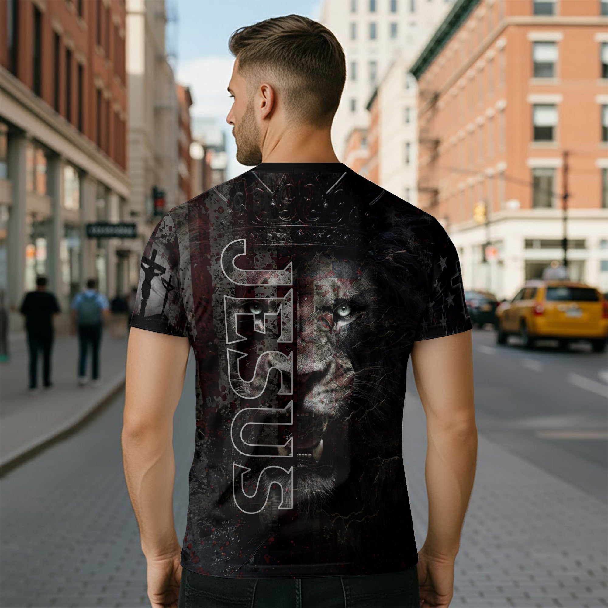 Christian Tee Shirts for Men, RustField Co - I Can Do All Things Through Christ American Flag Cross Jesus Lion, Freedom Shirts - Rust Field Wear