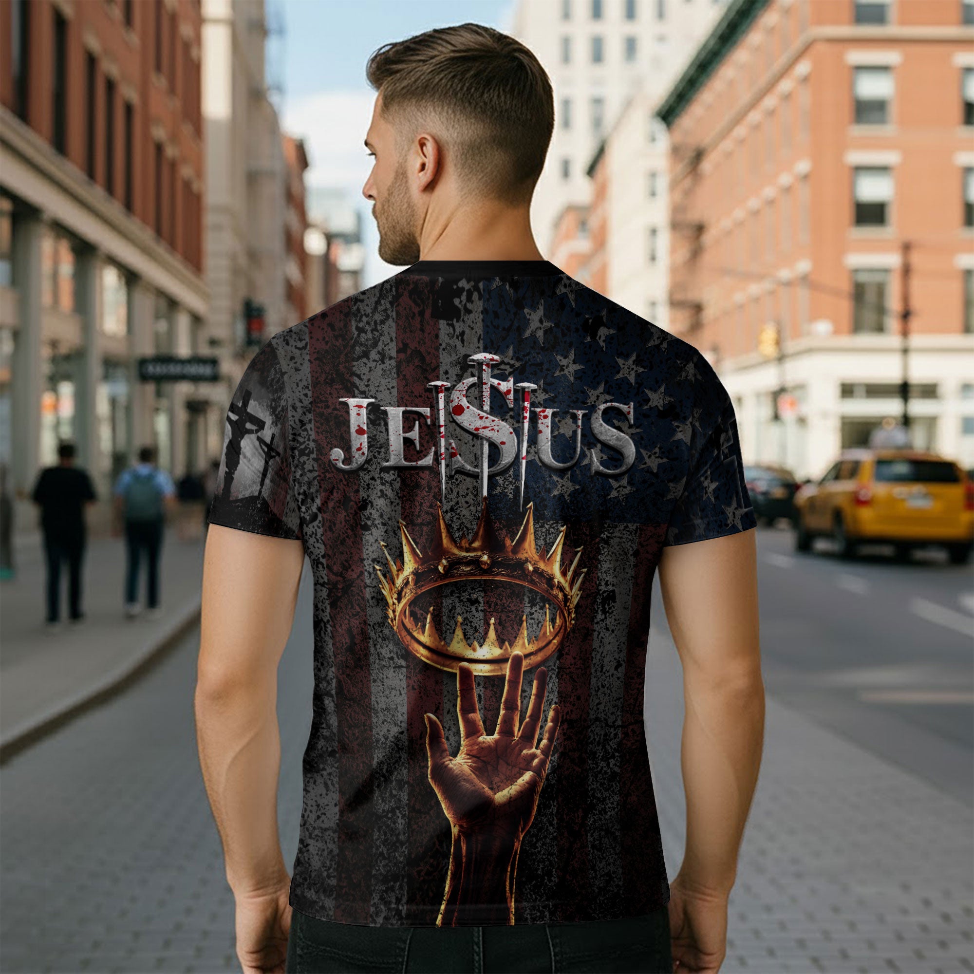 I Can Do All Things Through Christ American Flag Cross Lion Crown - RustField Co Freedom Shirts, Christian Tee Shirts for Men - Rust Field Wear