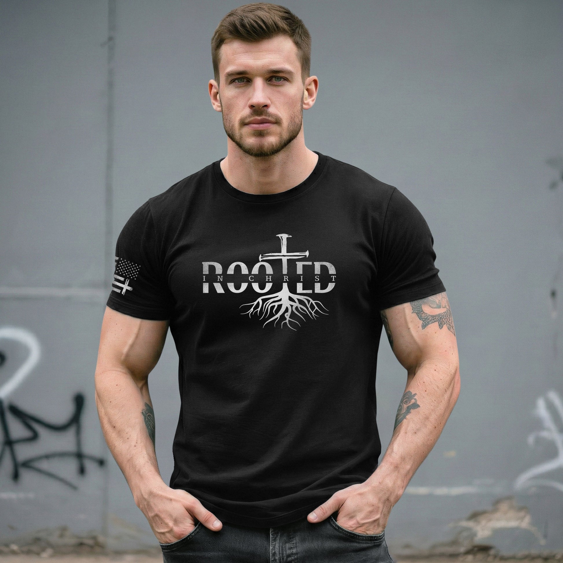 Rooted In Christ Cross Roots Christian, Christian Shirts for Men - Christian Tee Shirts - Rust Field Wear