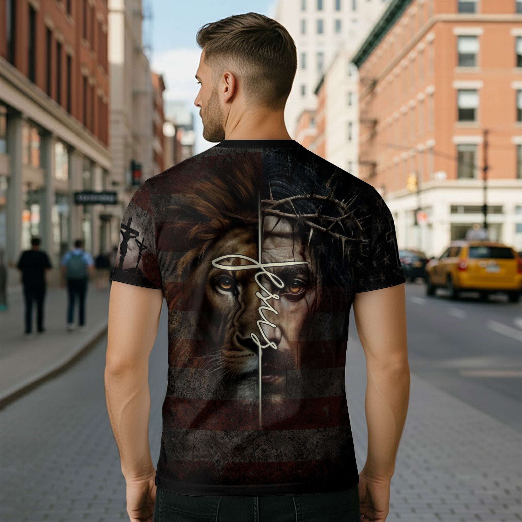 Christian Tee Shirts, Jesus The Way The Truth The Life Cross American Flag Lion - Freedom Shirts for Men, RustField Co - Rust Field Wear