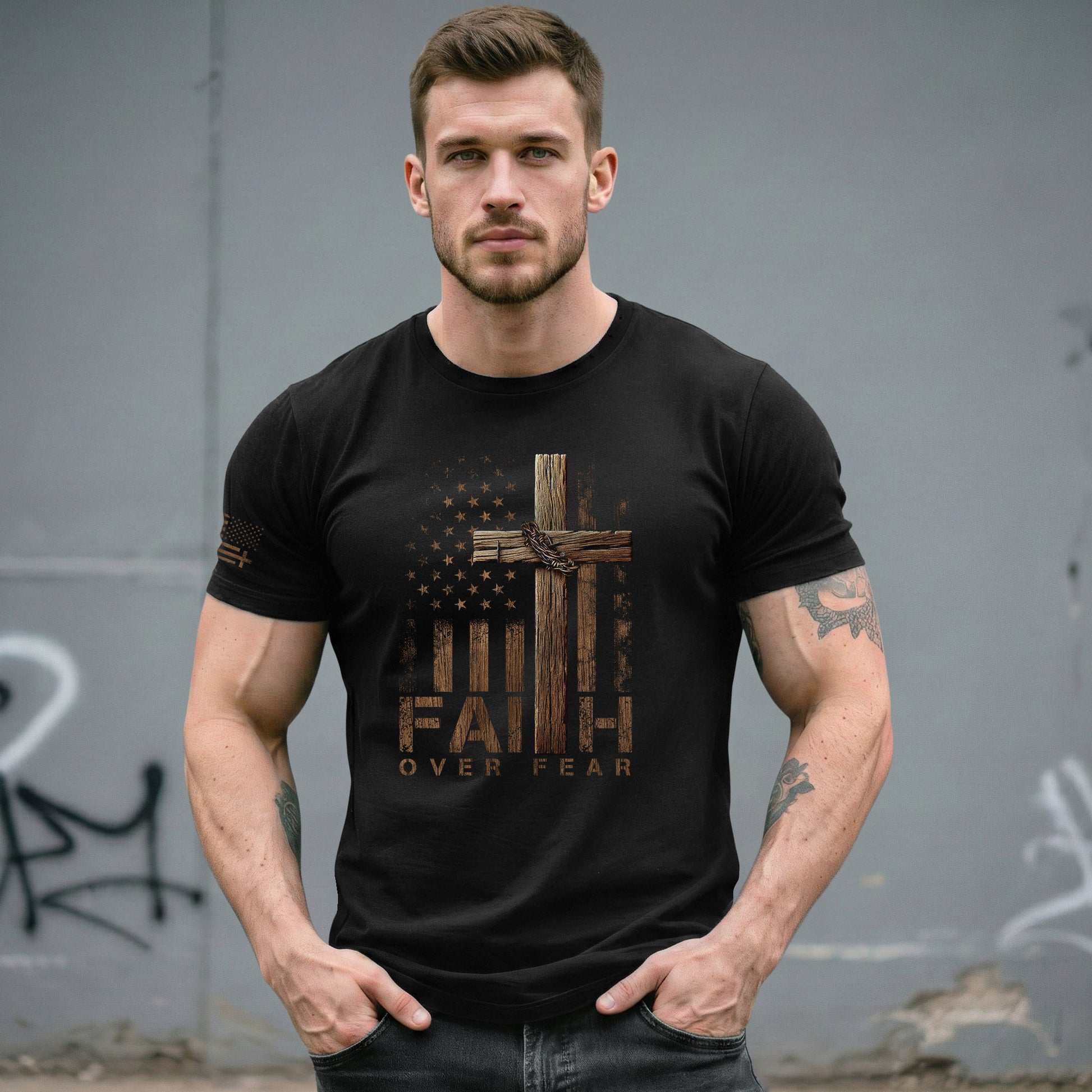 Faith Over Fear Wooden Cross American Flag Christian - Christian Shirts for Men, Faith Based Christian Tee Shirts - Rust Field Wear