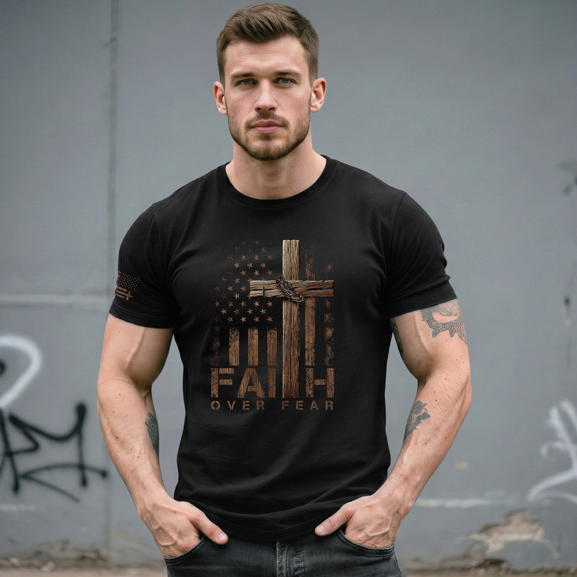 Faith Over Fear Wooden Cross American Flag Christian - Christian Shirts for Men, Faith Based Christian Tee Shirts - Rust Field Wear