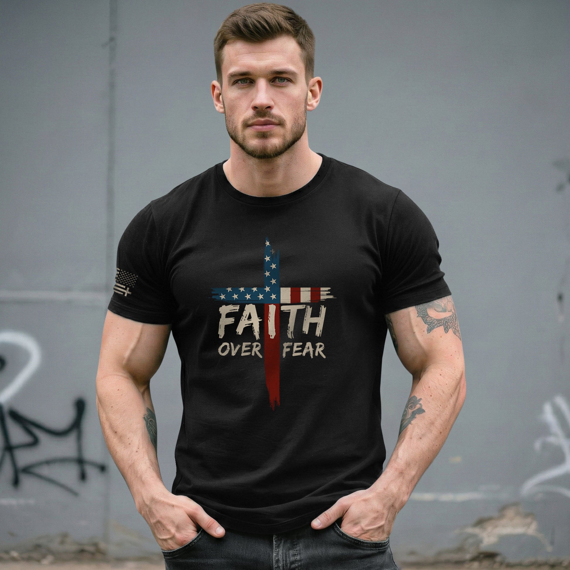 Christian Tee Shirts, Faith Over Fear USA Flag Cross Christian - Christian Shirts for Men - Rust Field Wear
