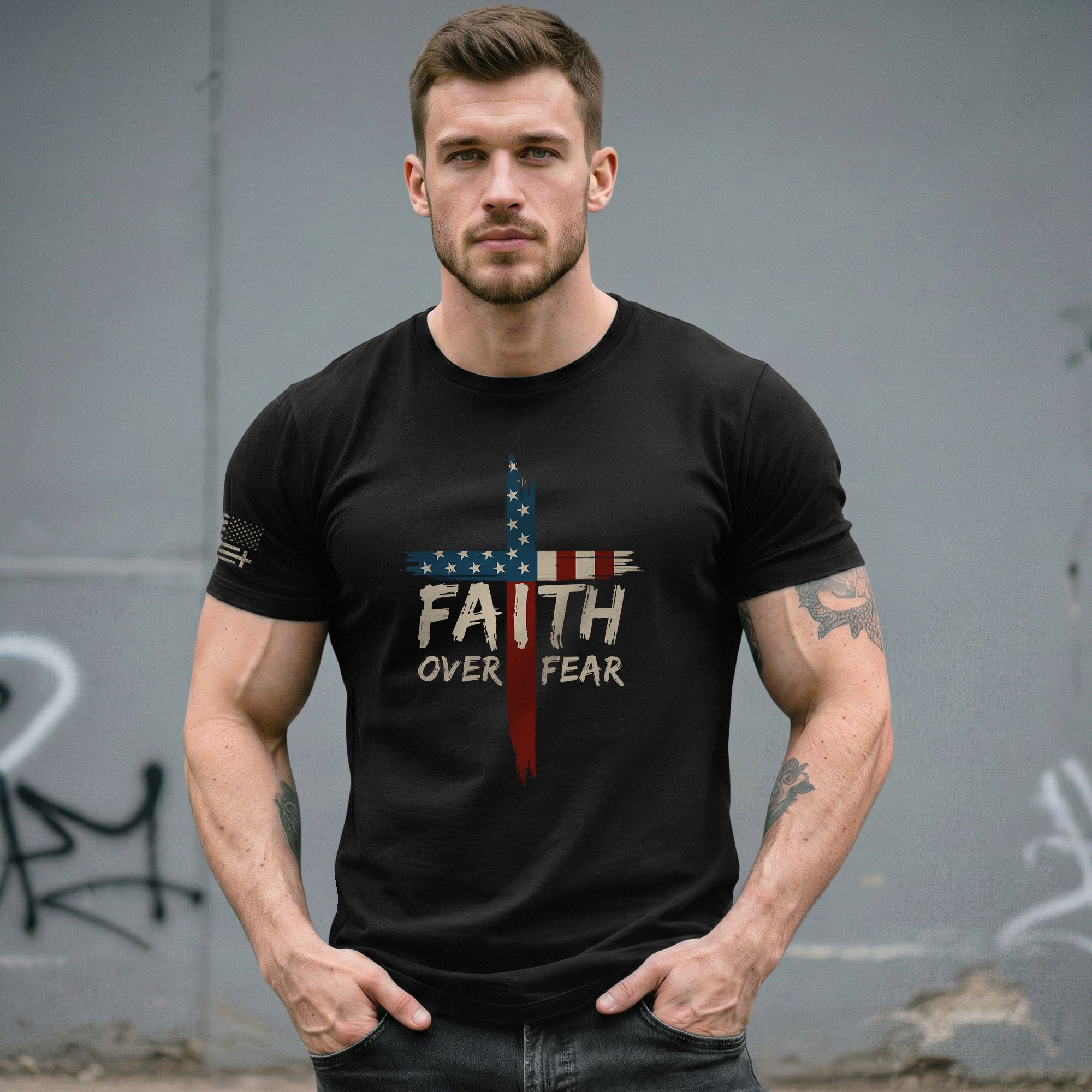 Christian Tee Shirts, Faith Over Fear USA Flag Cross Christian - Christian Shirts for Men - Rust Field Wear