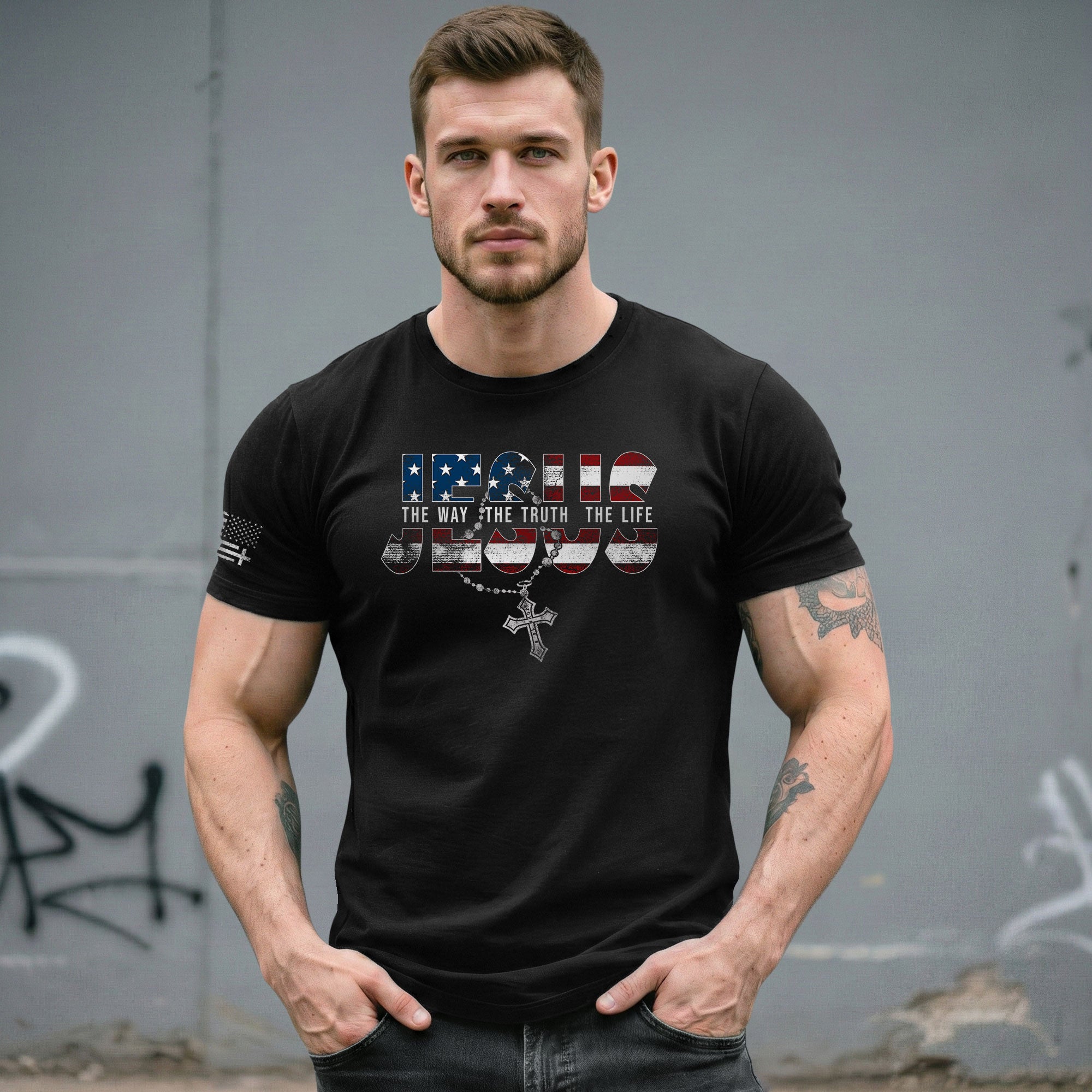 Jesus The Way The Truth The Life USA Flag Rosary Cross Christian, Christian Tee Shirts - Faith Shirts for Men - Rust Field Wear