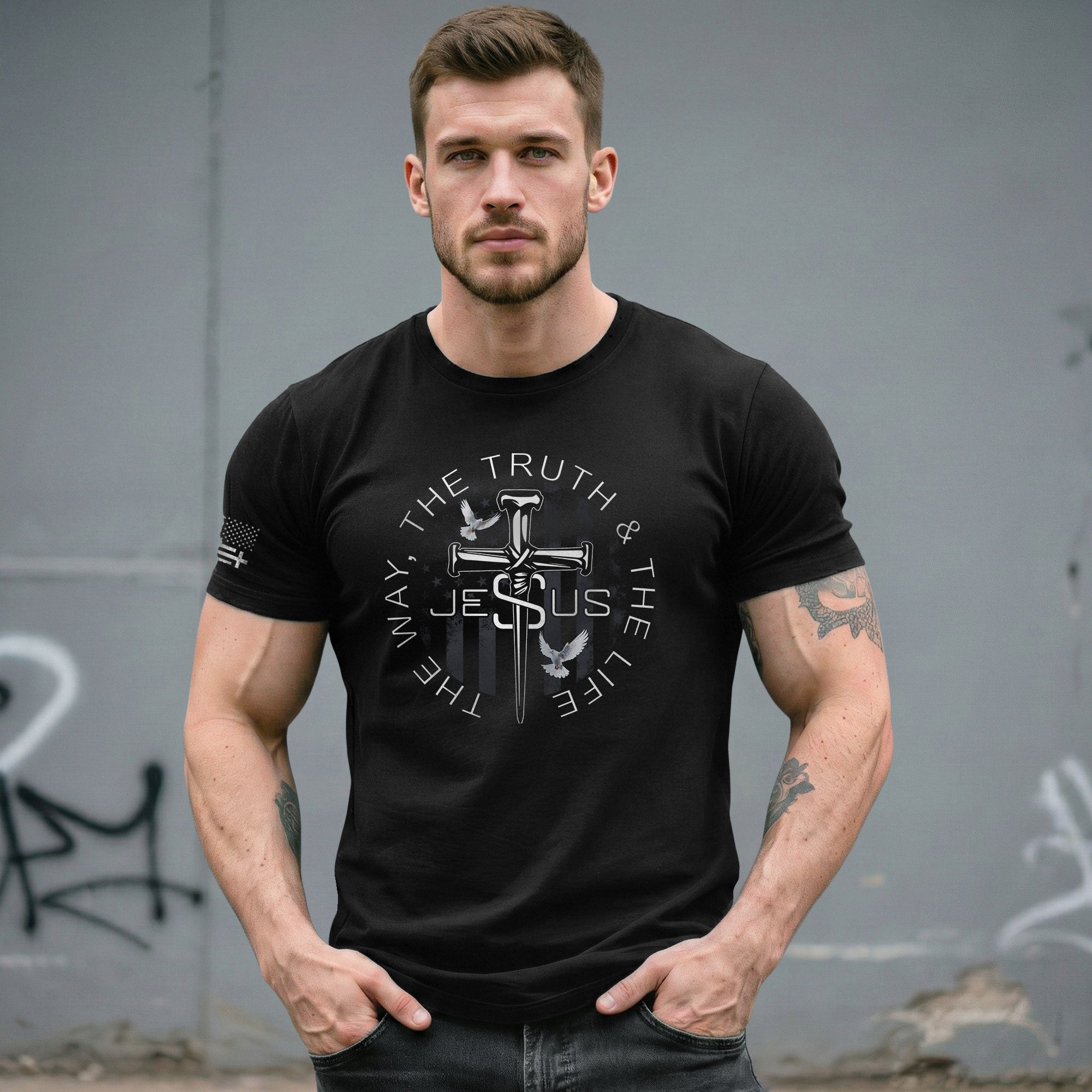 Christian Shirts for Men - Jesus The Way The Truth The Life Nail Cross Dove Christian, Christian Tee Shirts - Rust Field Wear