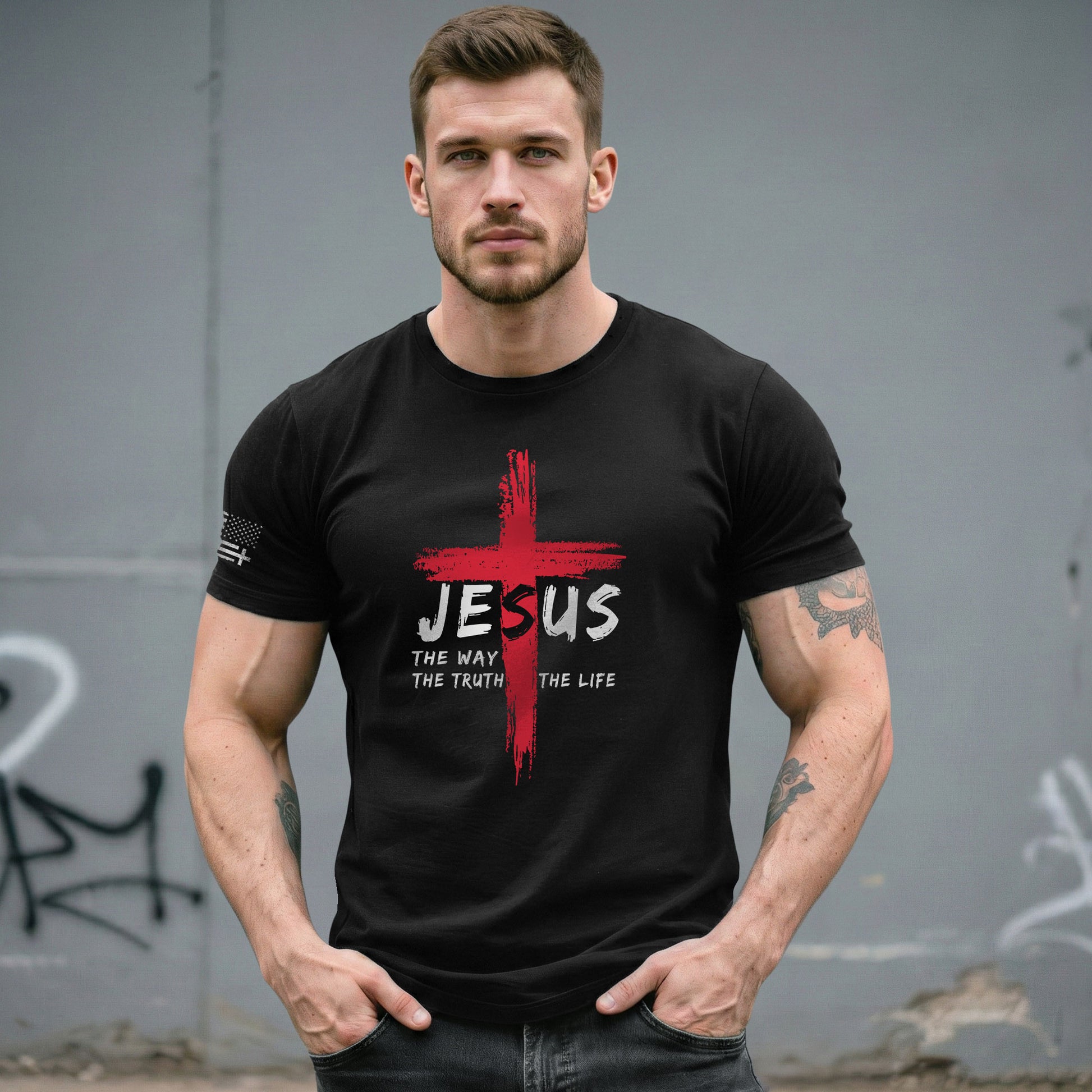 Faith Based Christian Tee Shirts, Jesus The Way The Truth The Life Red Cross Christian - Christian Shirts for Men - Rust Field Wear