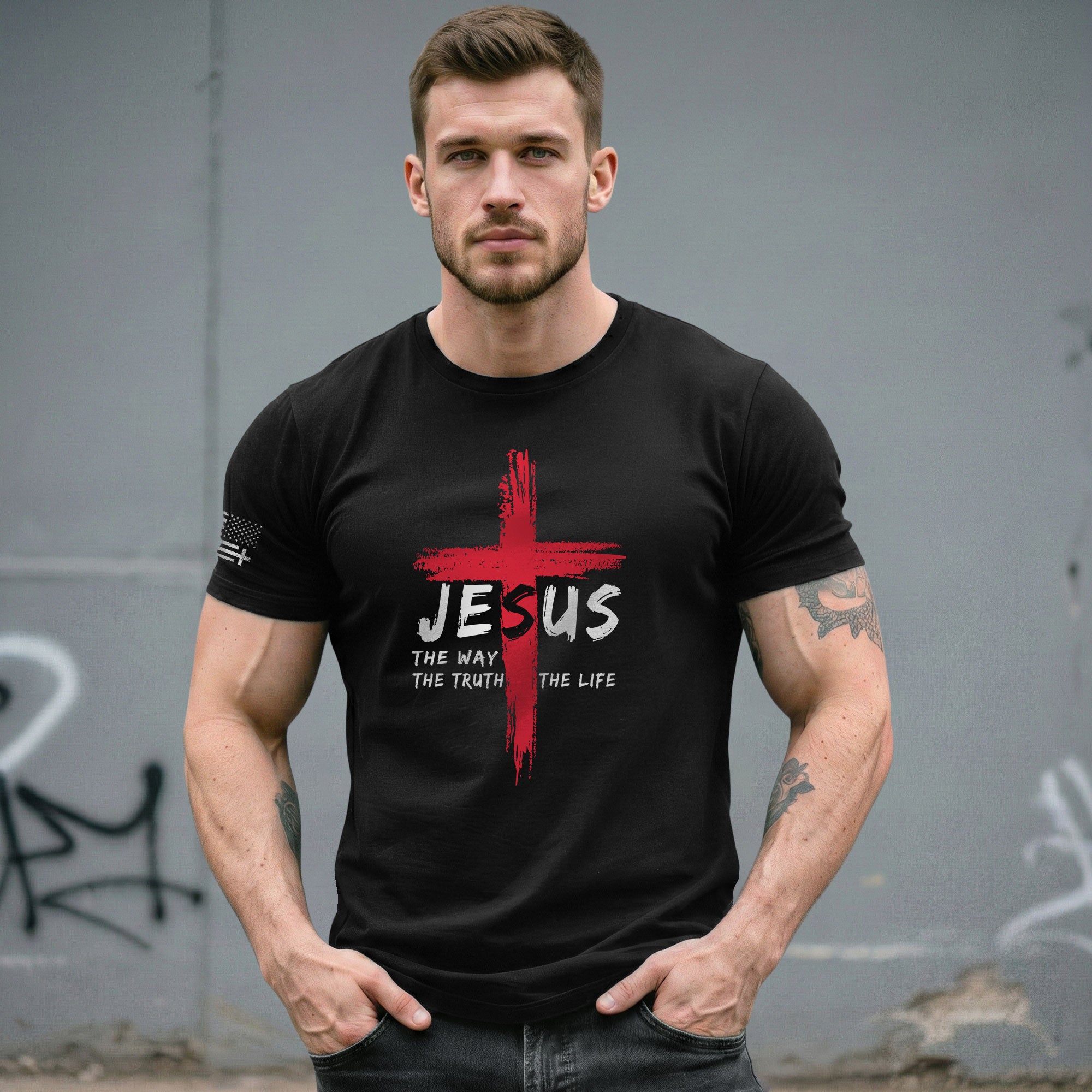 Faith Based Christian Tee Shirts, Jesus The Way The Truth The Life Red Cross Christian - Christian Shirts for Men - Rust Field Wear