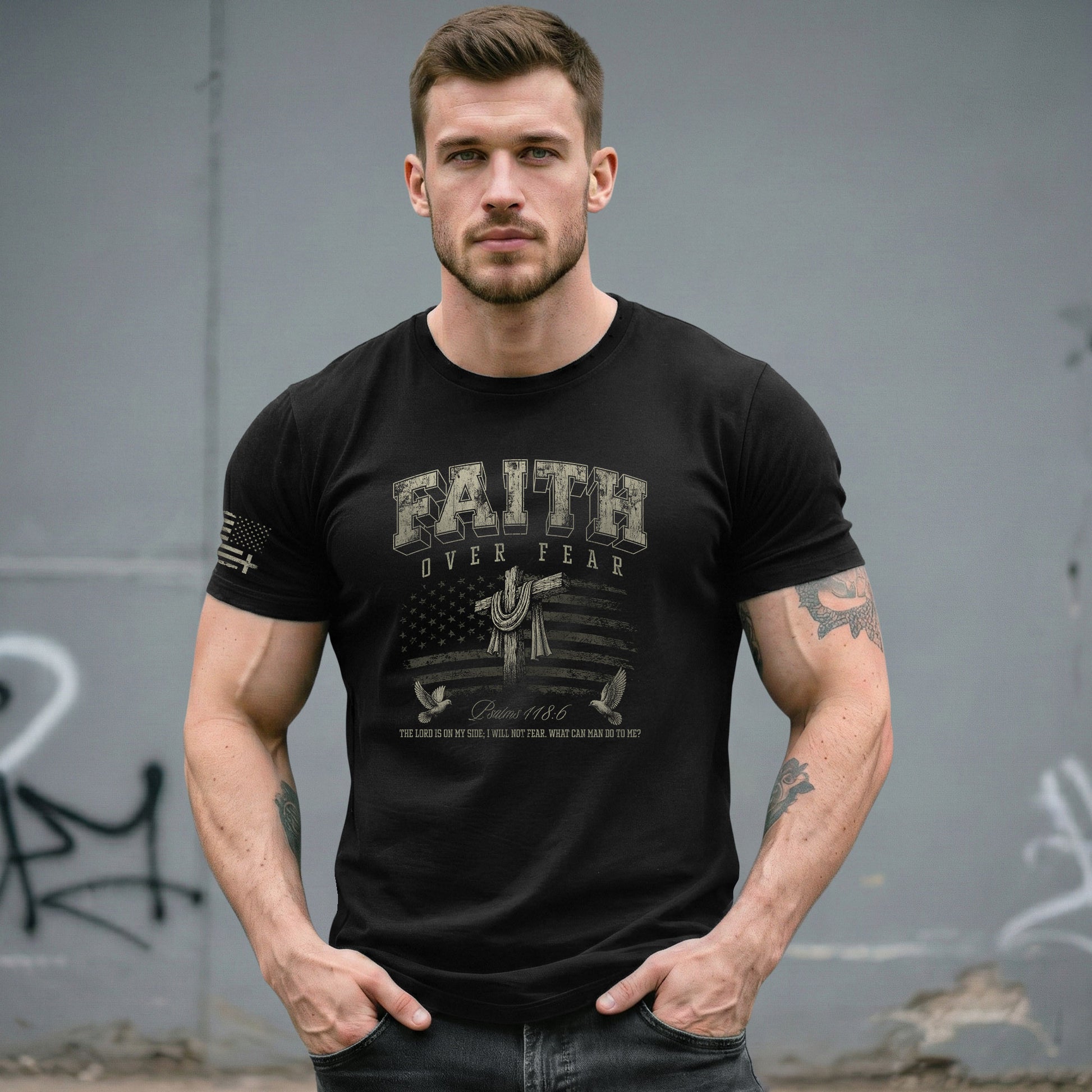Christian Shirts for Men - Faith Over Fear American Flag Cross Doves Psalms 118:6 Christian, Christian Tee Shirts - Rust Field Wear