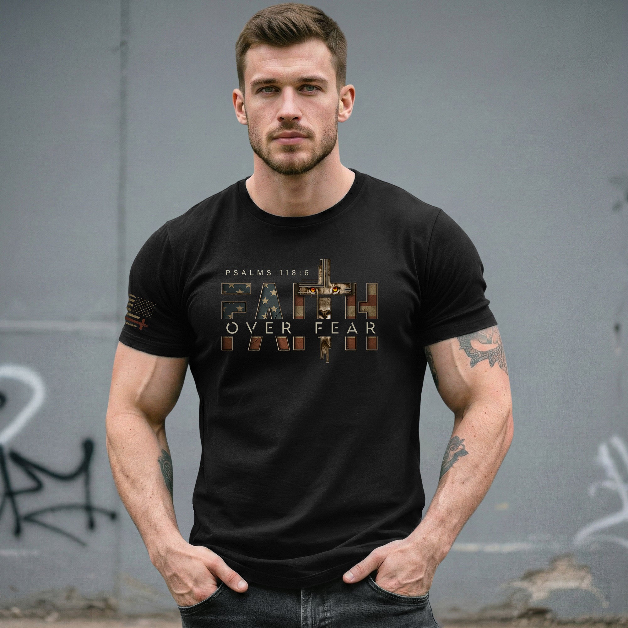 Faith Over Fear Lion Cross American Flag Psalms 118:6 Christian, Christian Tee Shirts - Faith Shirts for Men - Rust Field Wear