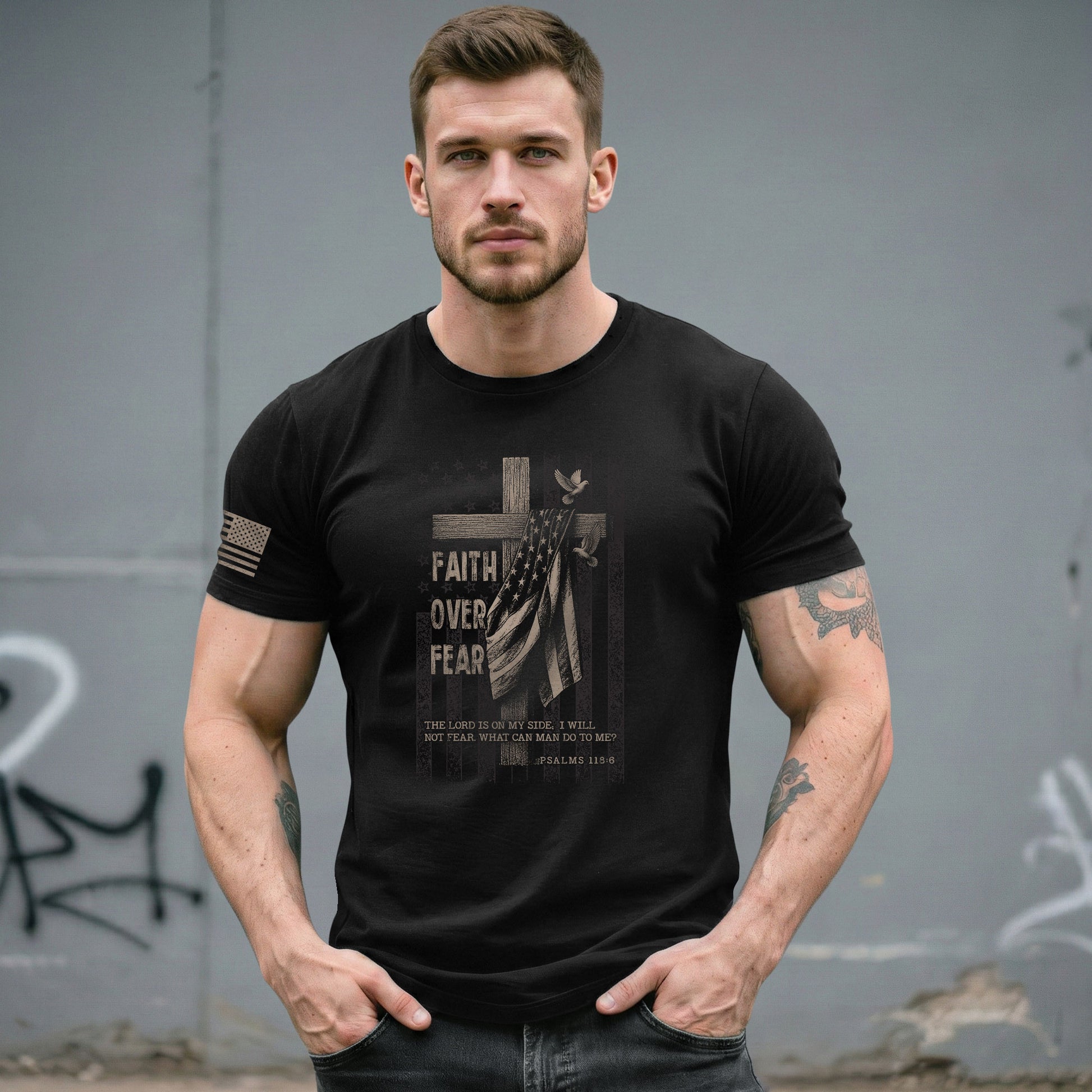 Faith Over Fear Cross With American Flag Psalms 118:6 Christian - Christian Shirts for Men, Faith Based Christian Tee Shirts - Rust Field Wear