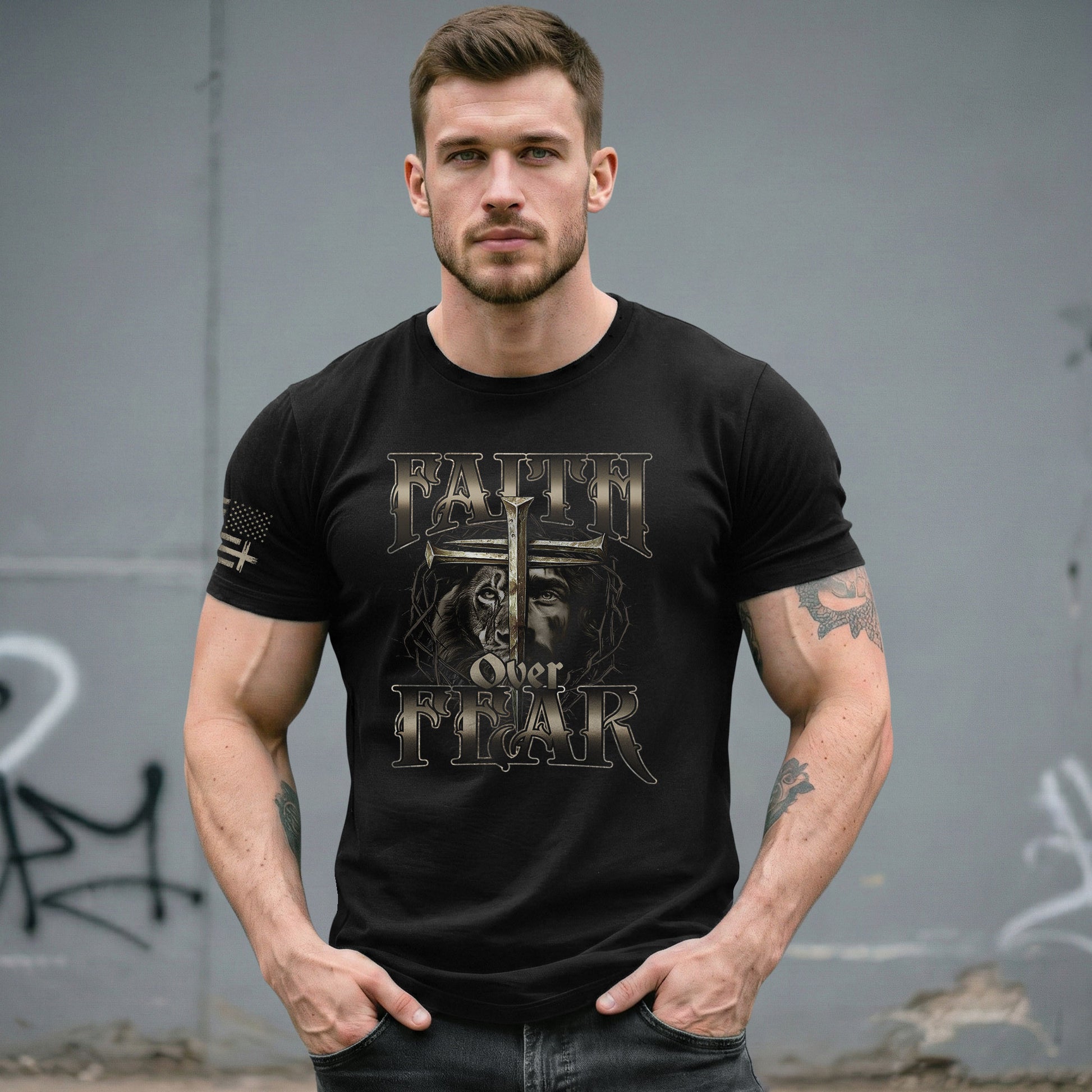 Christian Shirts for Men, Faith Over Fear Christian Lion Jesus Cross Crown Design - Christian Tee Shirts - Rust Field Wear