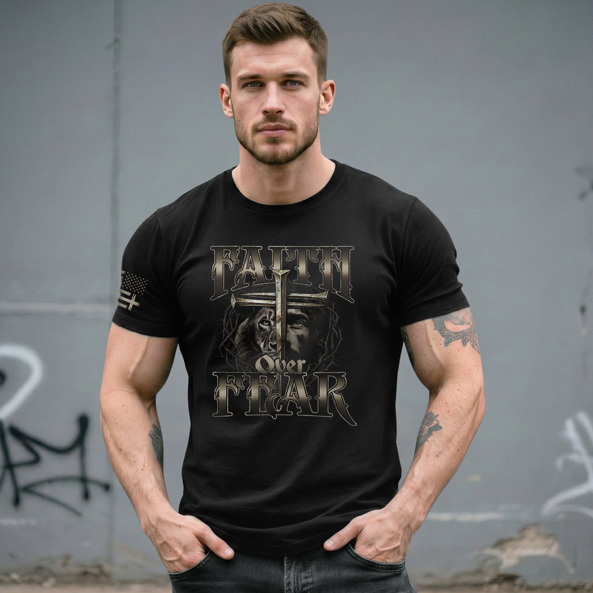 Christian Shirts for Men, Faith Over Fear Christian Lion Jesus Cross Crown Design - Christian Tee Shirts - Rust Field Wear
