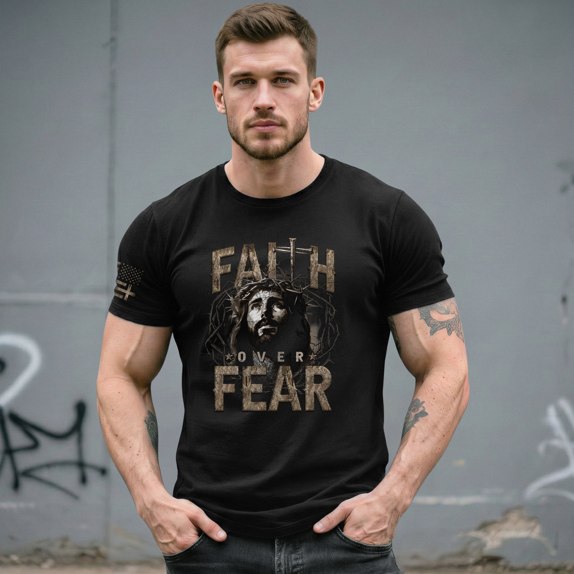 Faith Over Fear Christian Jesus Crown Cross Design, Christian Tee Shirts - Faith Shirts for Men - Rust Field Wear