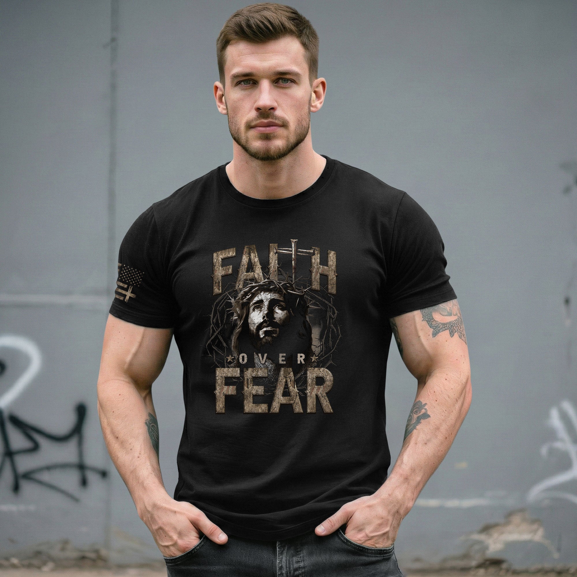 Faith Over Fear Christian Jesus Crown Cross Design, Christian Tee Shirts - Faith Shirts for Men - Rust Field Wear