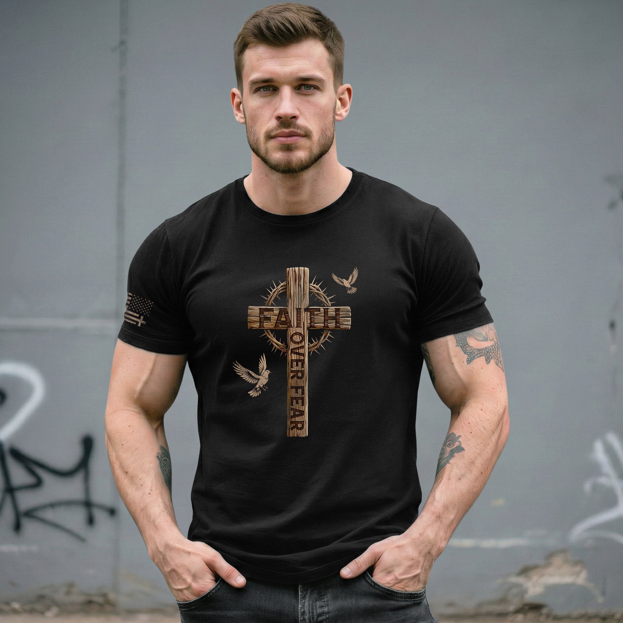 Faith Over Fear Christian Wooden Cross Crown of Thorns Design, Christian Tee Shirts - Faith Shirts for Men - Rust Field Wear