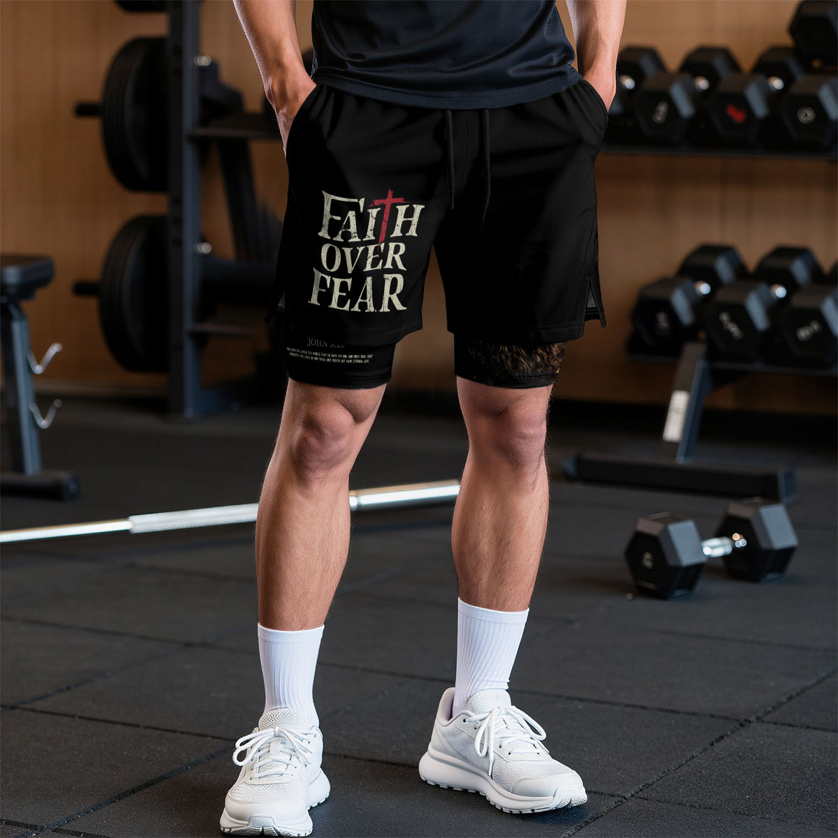 John 3:16 Bible Verse Christian Workout Shorts Men Lion of Judah Faith Over Fear Activewear - Rust Field Wear