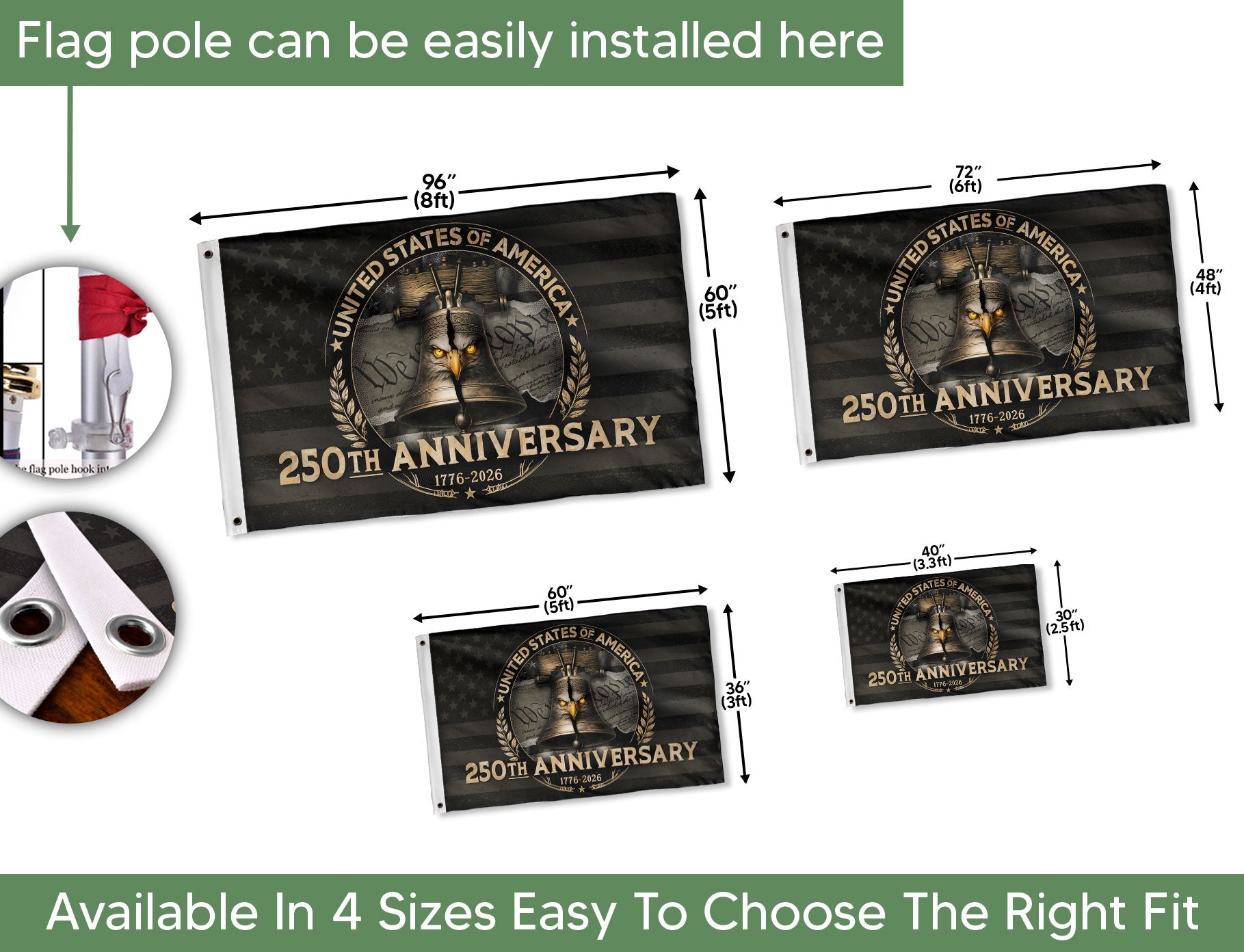 USA 250th Anniversary Flag 1776–2026 – American Flag with Liberty Bell & Eagle Design - Rust Field Wear