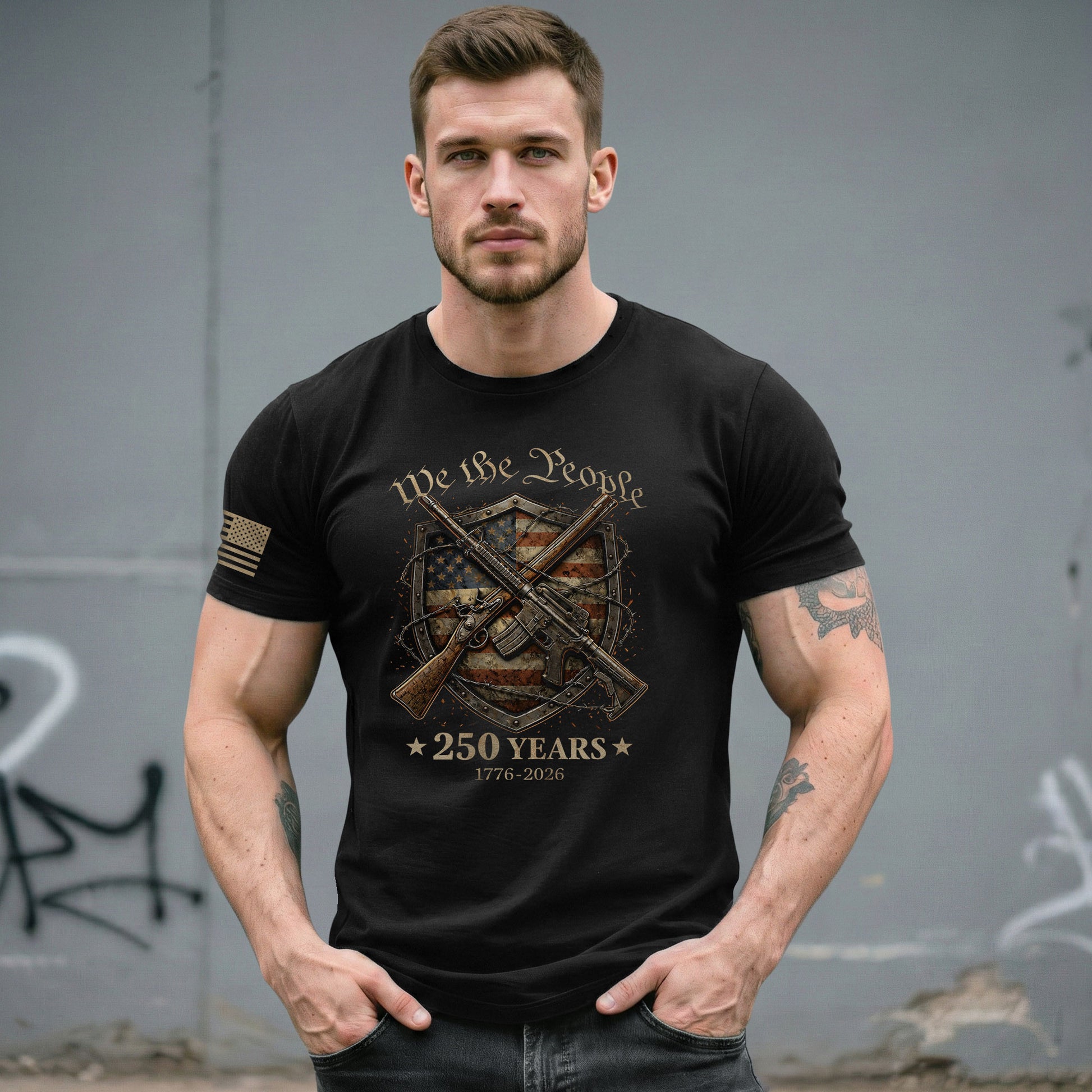 USA 250th Anniversary 250 Years Shirt 1776-2026 We The People Shield Rifles Patriotic Mental Iron Will - Rust Field Wear