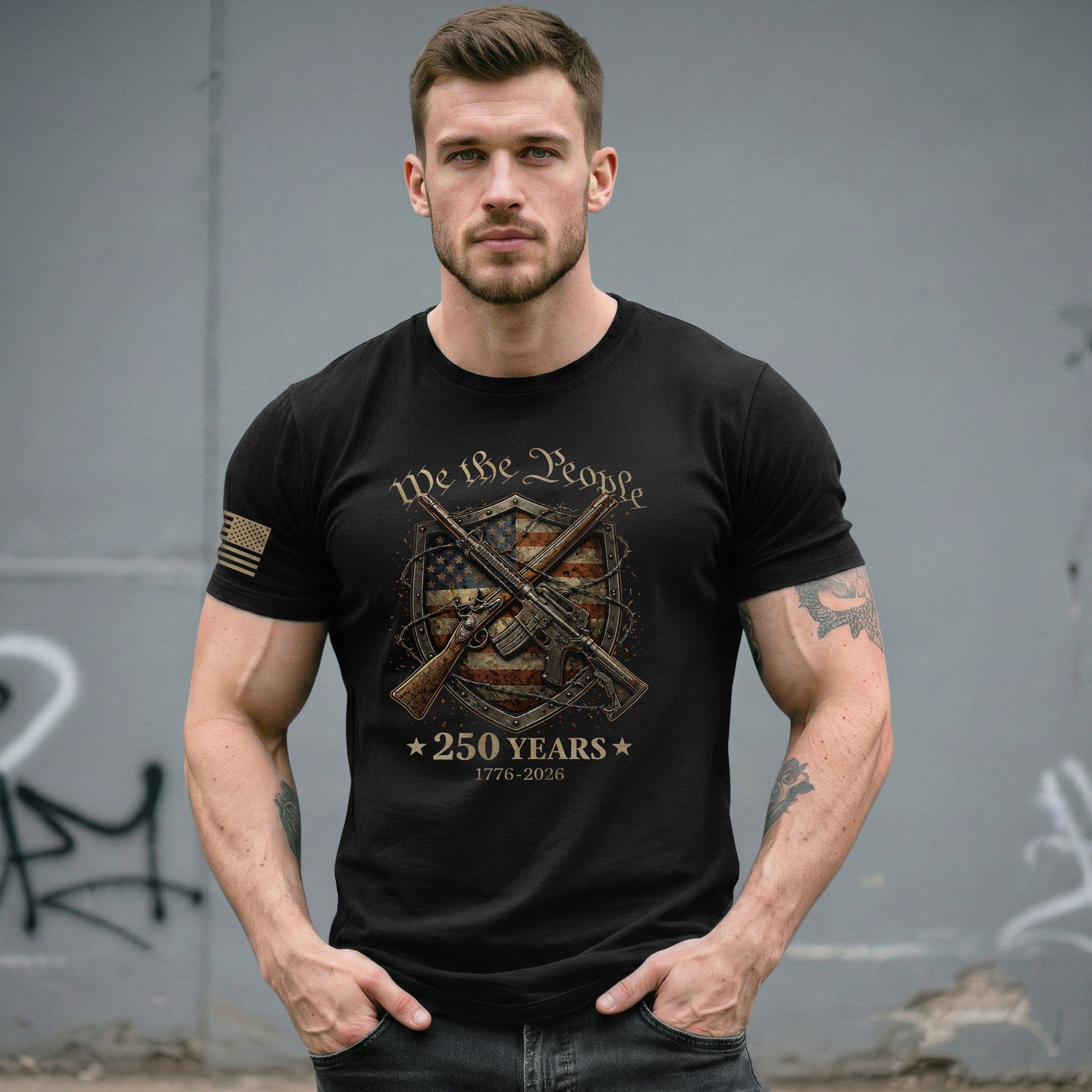 USA 250th Anniversary 250 Years Shirt 1776-2026 We The People Shield Rifles Patriotic Mental Iron Will - Rust Field Wear
