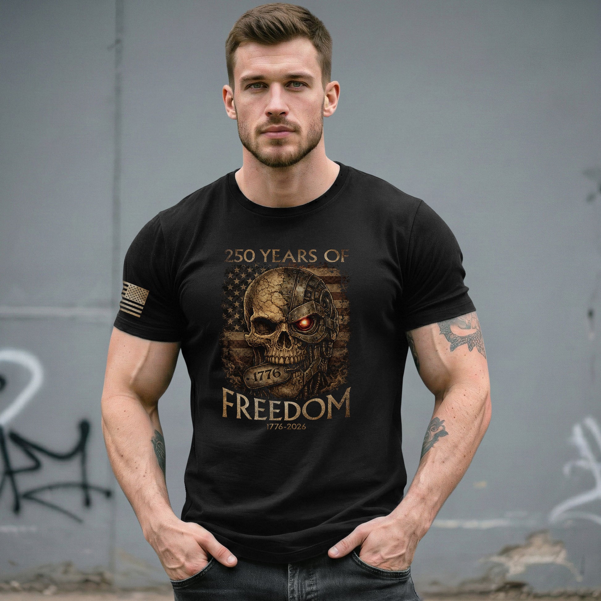 USA 250th Anniversary 250 Years Shirt 1776-2026 Mental Strength Freedom Cyborg Skull Patriotic Mens - Rust Field Wear
