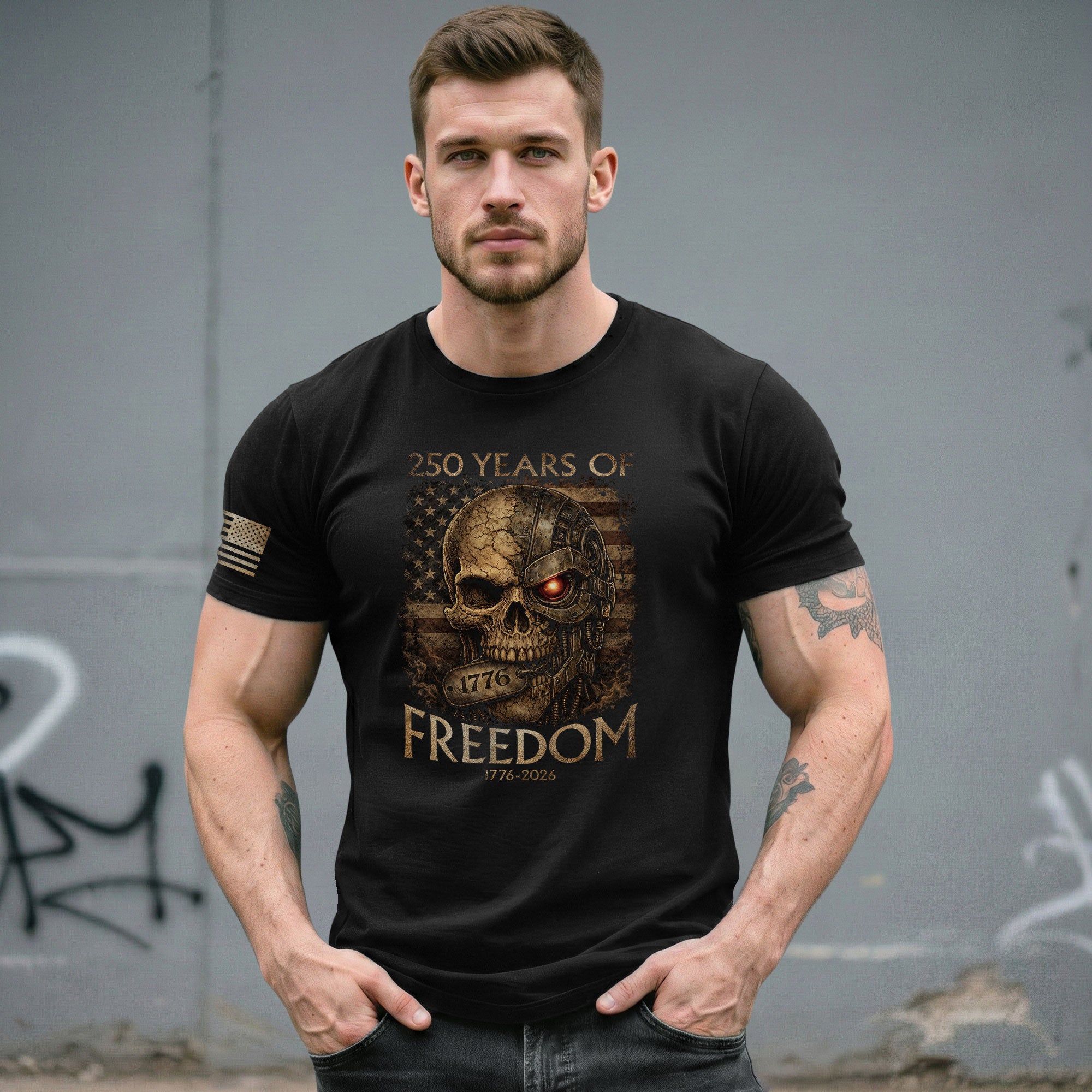 USA 250th Anniversary 250 Years Shirt 1776-2026 Mental Strength Freedom Cyborg Skull Patriotic Mens - Rust Field Wear