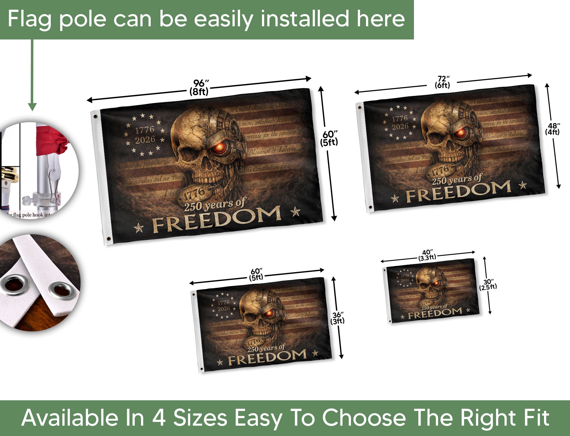 United States of 250 Years America Anniversary Flag 1776-2026 Mechanical Metal Cyber Skull Patriotic Flag