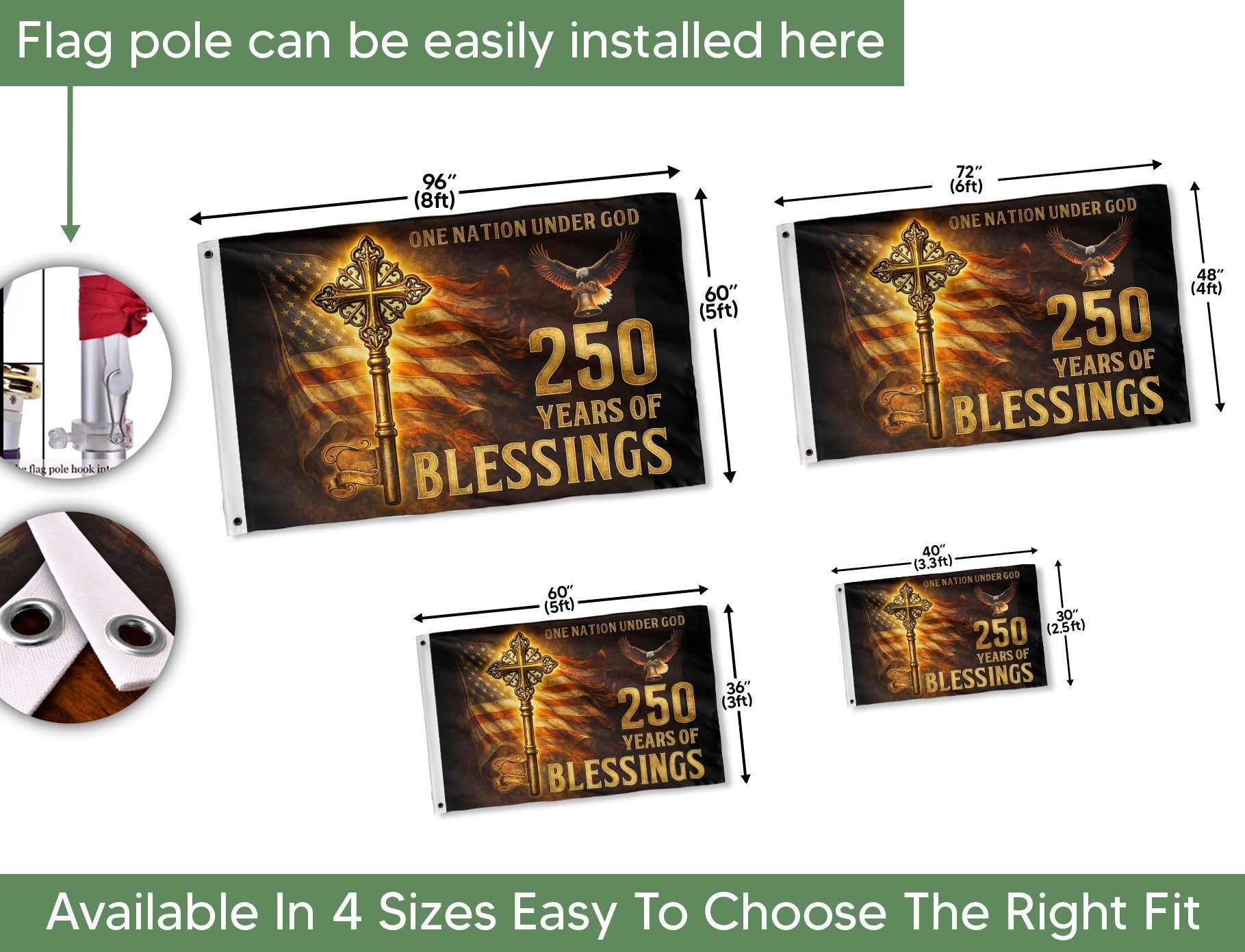 USA 250 Years of Faith Cross Flag – One Nation Under God Christian Outdoor Celebration Flag 1776–2026 - Rust Field Wear