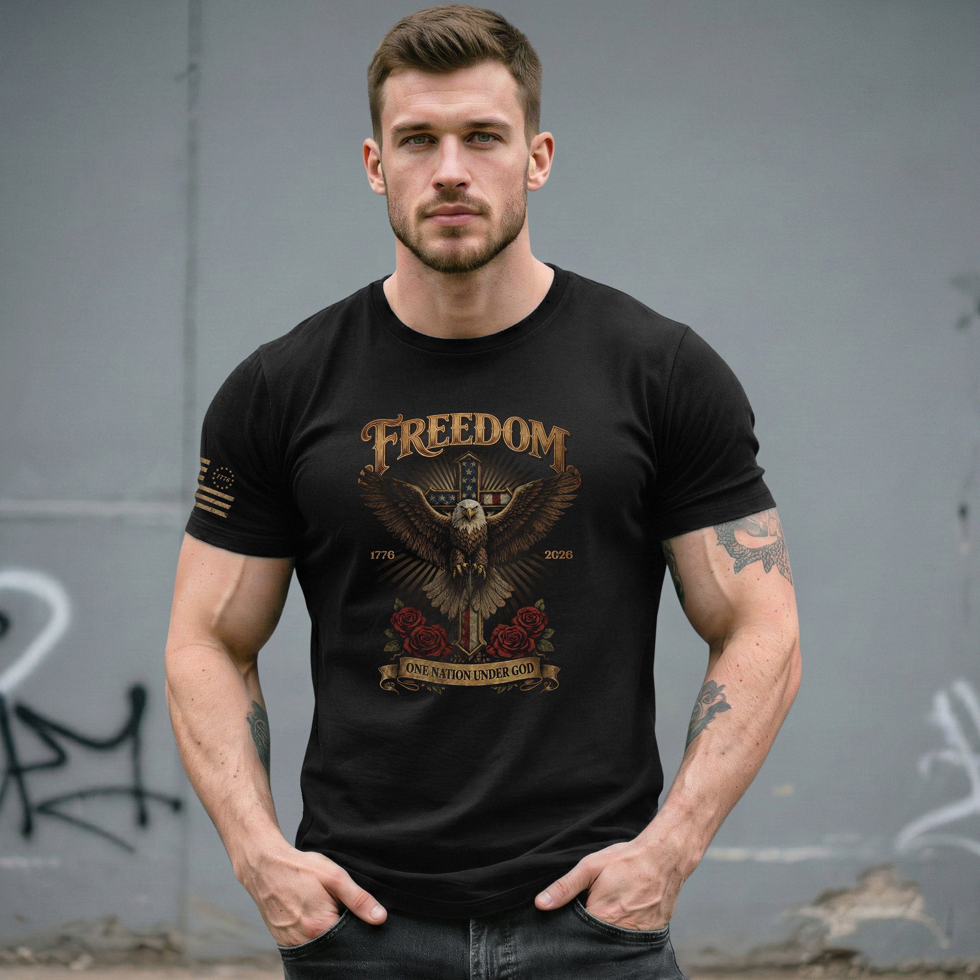 250 Years America Freedom Eagle and Christian Cross T Shirt - One Nation Under God Tee - Rust Field Wear