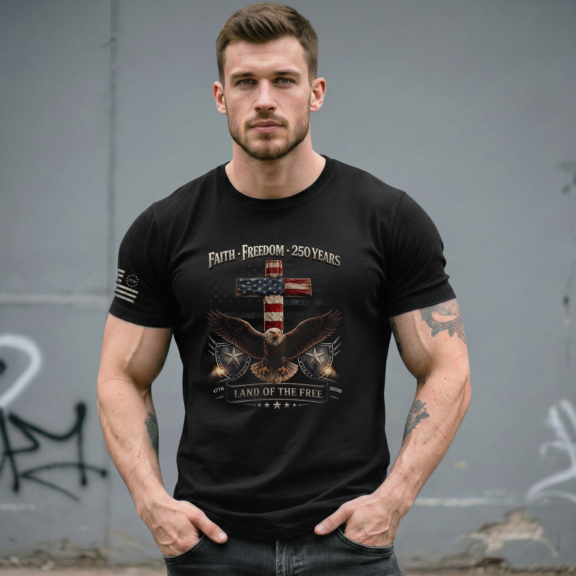 250 Years America Anniversary Shirt - Faith and Freedom Eagle Cross Christian Shirts - Rust Field Wear