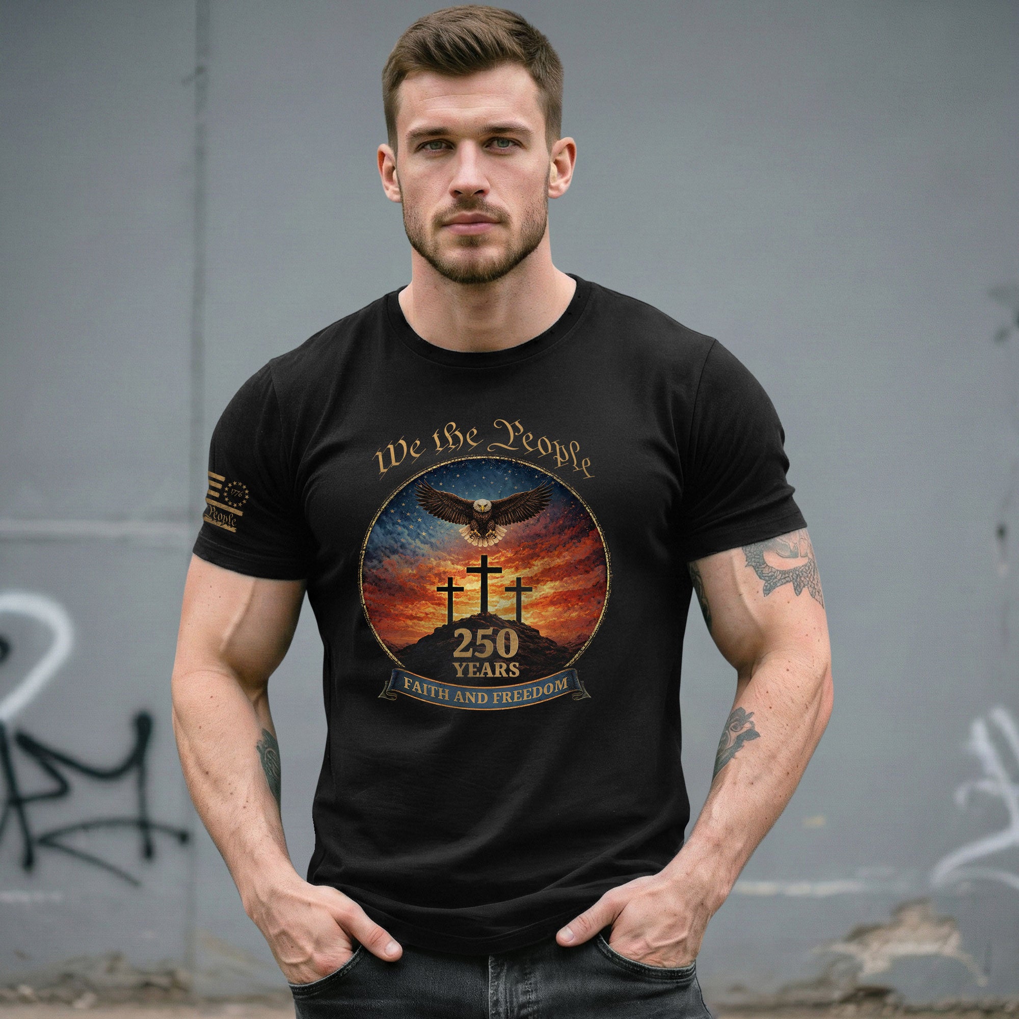 We the People 250th Anniversary T-Shirt - Christian American Patriot Eagle Soaring Over Three Crosses Design - Rust Field Wear