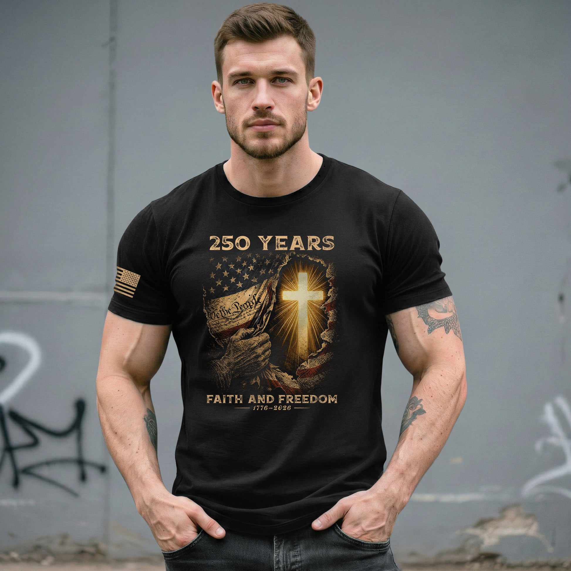 250th Anniversary Patriotic Shirt - Faith and Freedom Glowing Cross Christian Design - Rust Field Wear